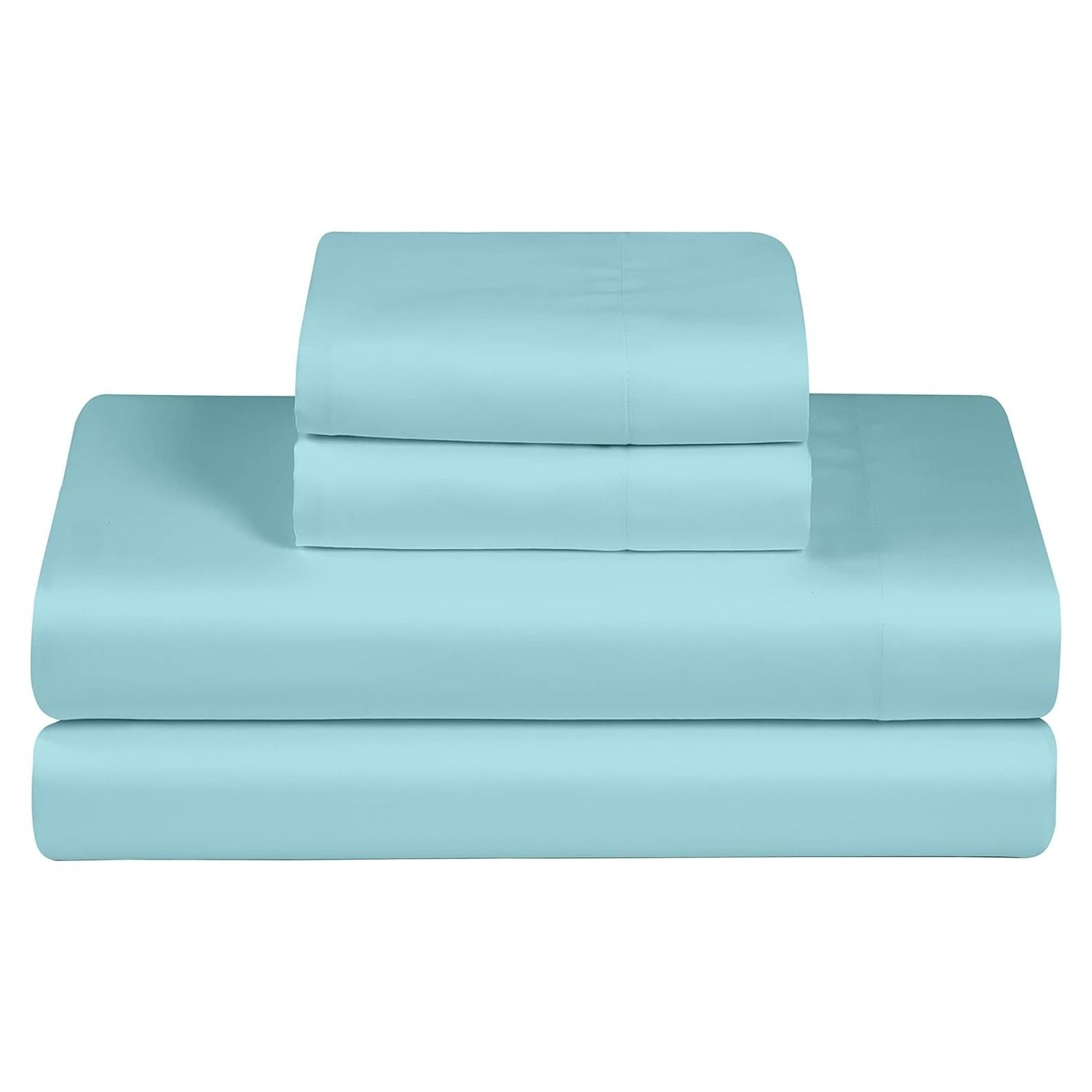 Feather & Stitch Softest 100% Cotton Sheets, 300 Thread Count Percale Weave Bedding, 16" Deep Pocket, Cooling Sheets, Breathable Bed Set, Hotel Premium Quality (Twin, Aqua)