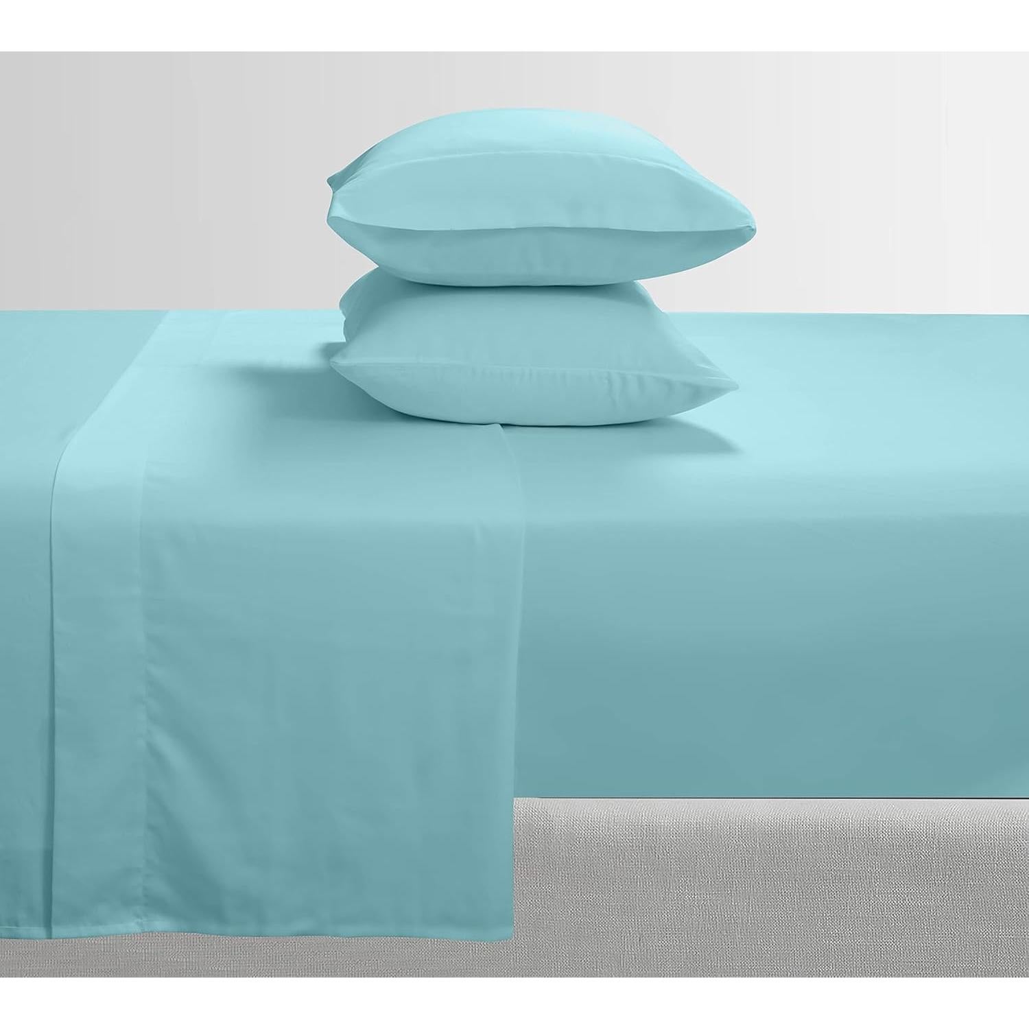 Feather & Stitch Softest 100% Cotton Sheets, 300 Thread Count Percale Weave Bedding, 16" Deep Pocket, Cooling Sheets, Breathable Bed Set, Hotel Premium Quality (Twin, Aqua)