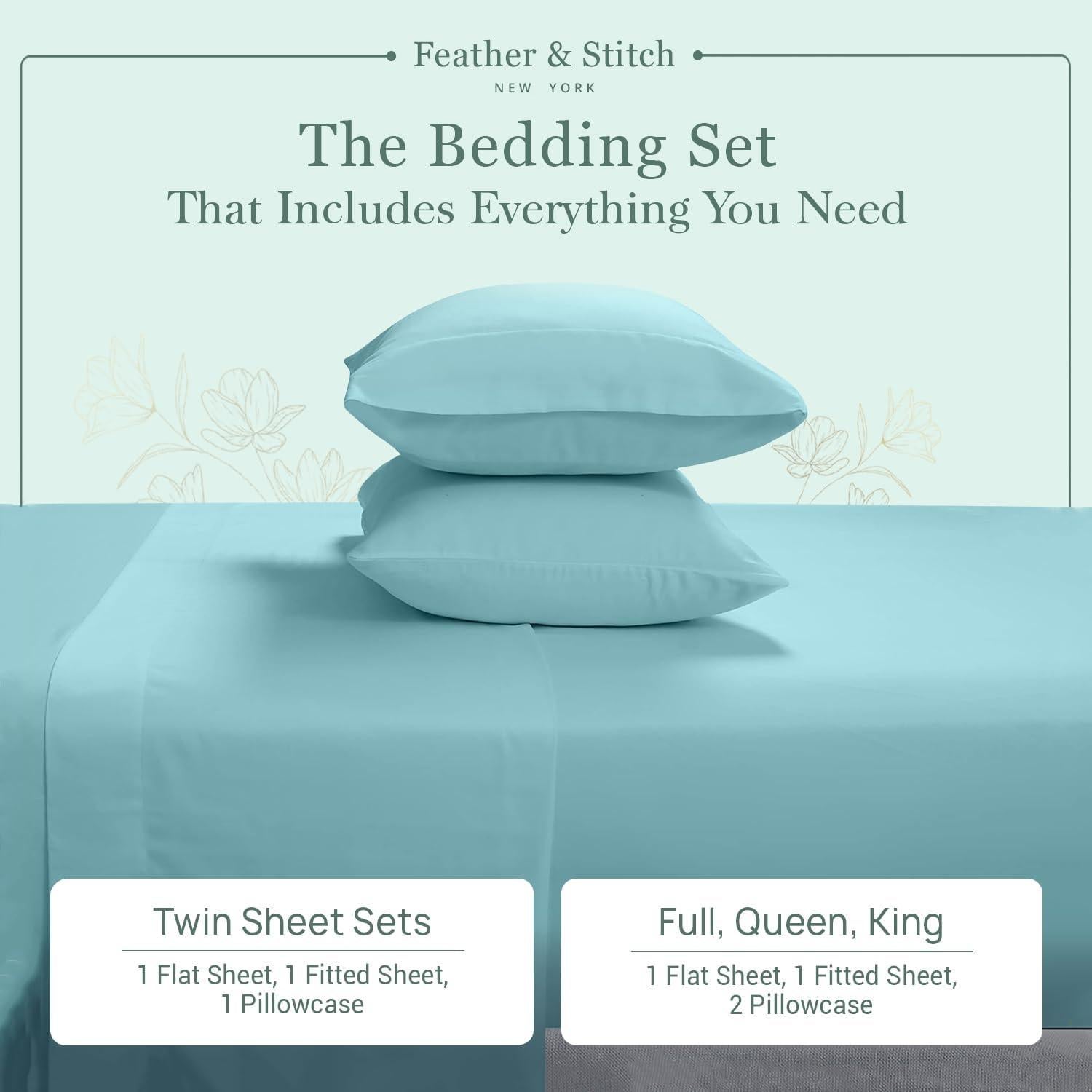 Feather & Stitch Softest 100% Cotton Sheets, 300 Thread Count Percale Weave Bedding, 16" Deep Pocket, Cooling Sheets, Breathable Bed Set, Hotel Premium Quality (Twin, Aqua)