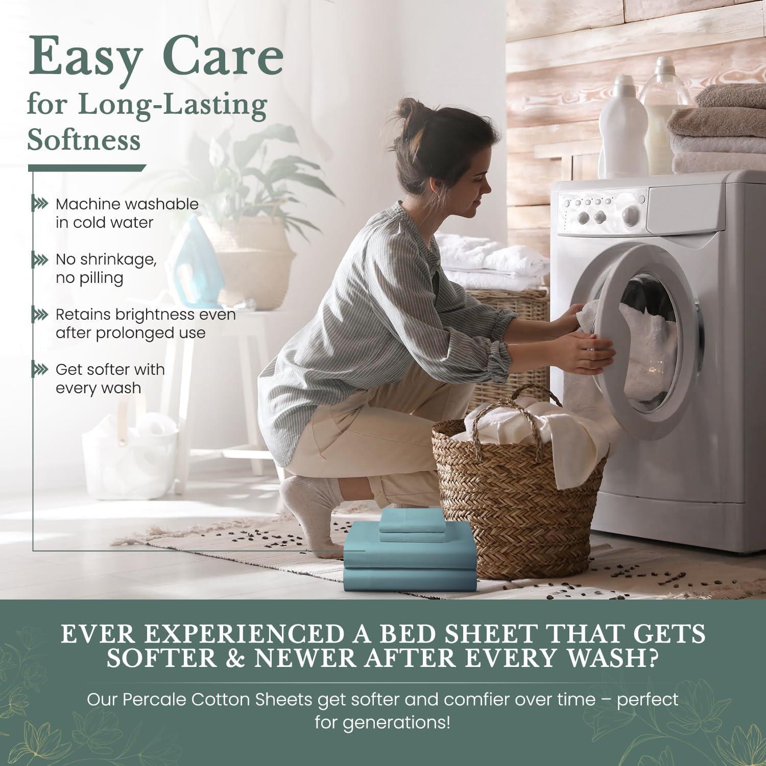 Feather & Stitch Softest 100% Cotton Sheets, 300 Thread Count Percale Weave Bedding, 16" Deep Pocket, Cooling Sheets, Breathable Bed Set, Hotel Premium Quality (Twin, Aqua)