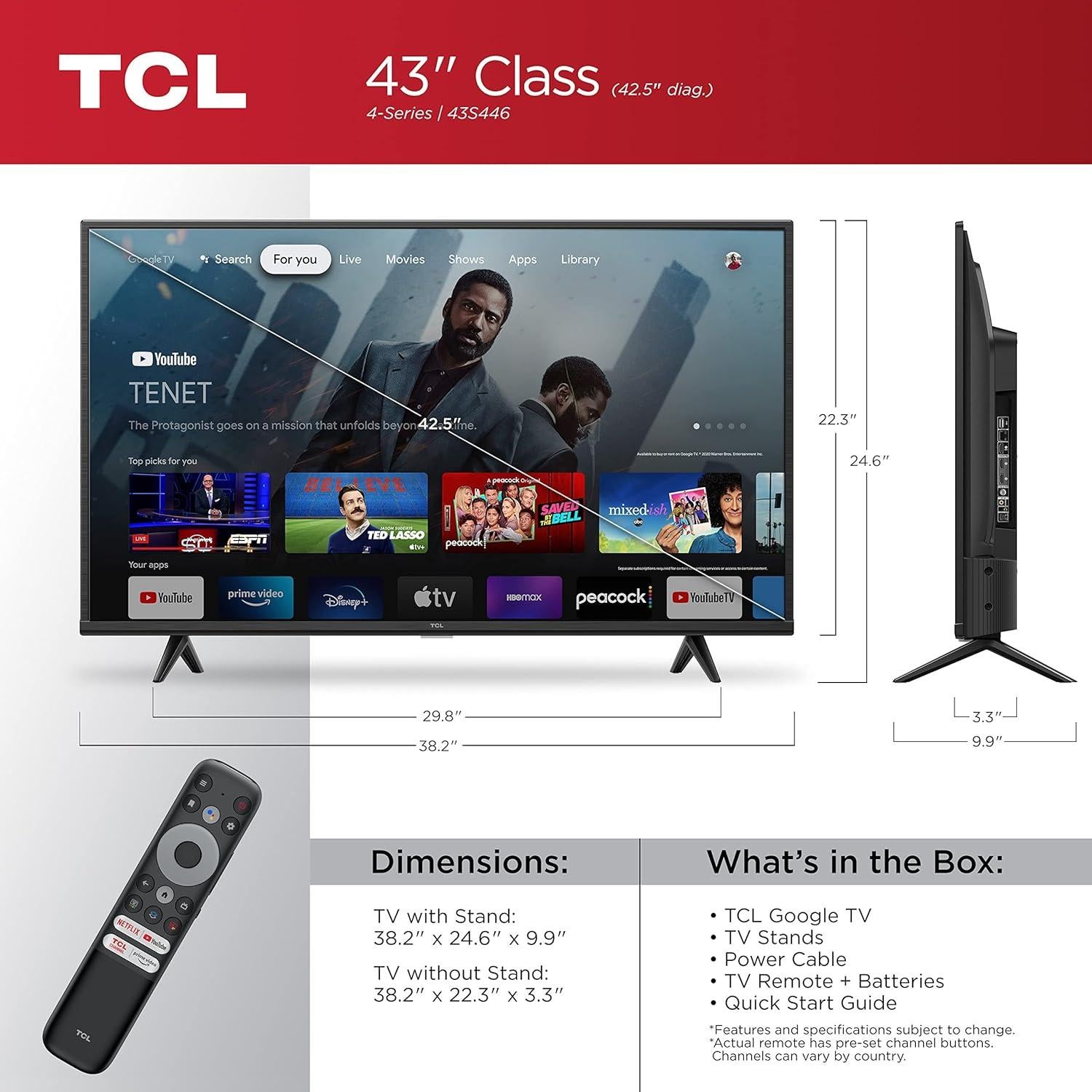 TCL 43" 4K UHD HDR Smart TV Google - Modelo 43S446 2022