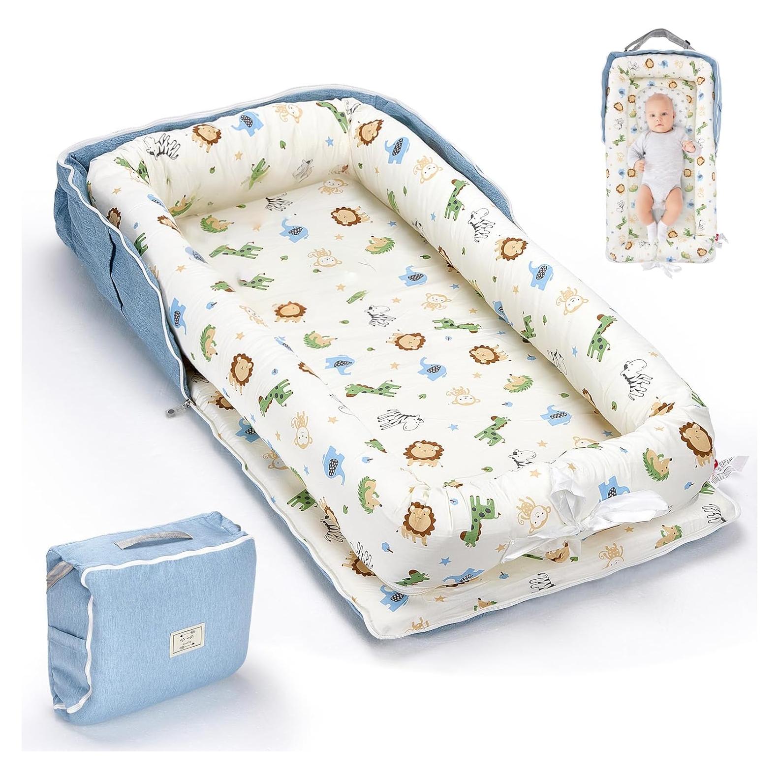 Cuna Portátil Huggynest para Bebés 0-12 Meses Algodón Azul