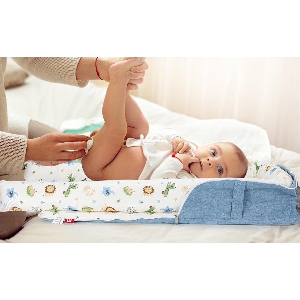 Cuna Portátil Huggynest para Bebés 0-12 Meses Algodón Azul