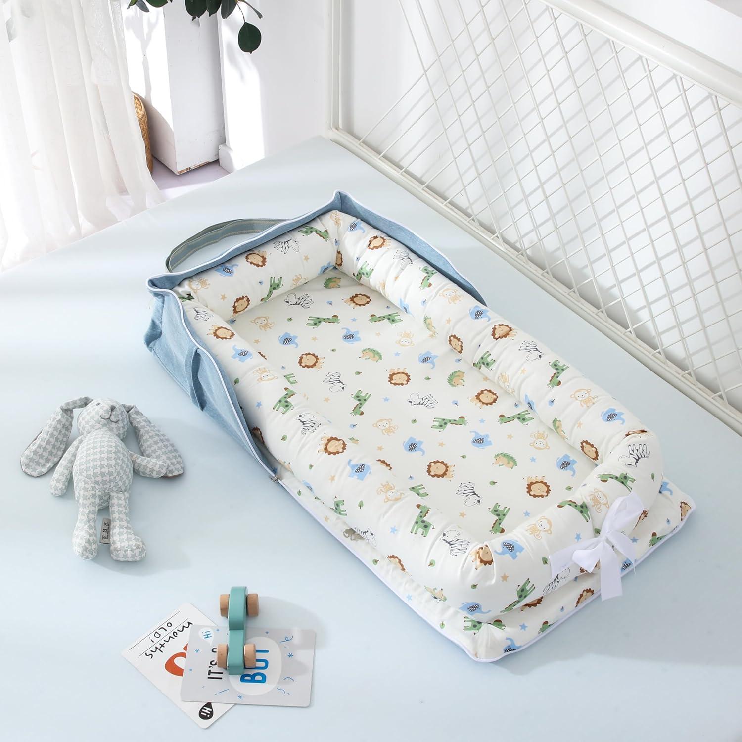 Cuna Portátil Huggynest para Bebés 0-12 Meses Algodón Azul