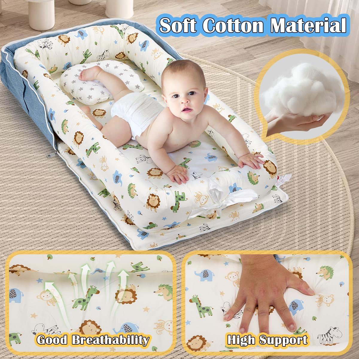 Cuna Portátil Huggynest para Bebés 0-12 Meses Algodón Azul