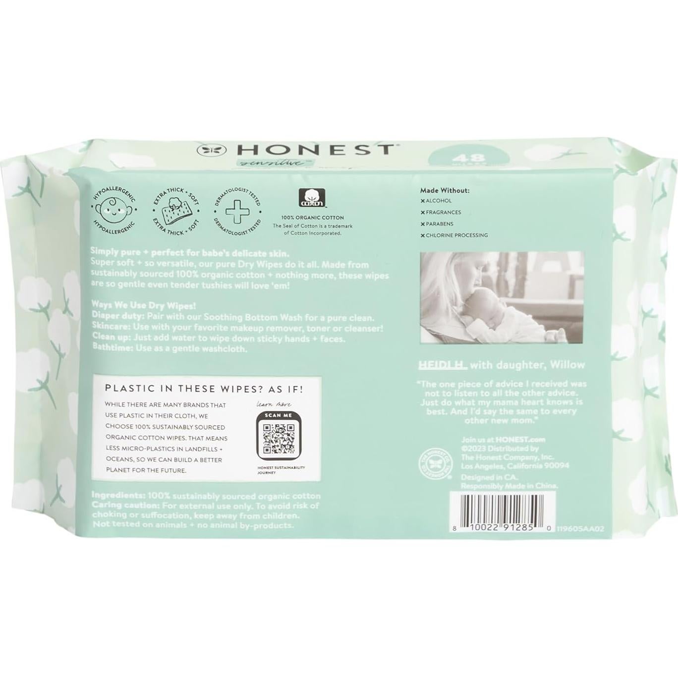 Toallitas Secas Orgánicas Honest 100% Algodón Puro 48 Unidades