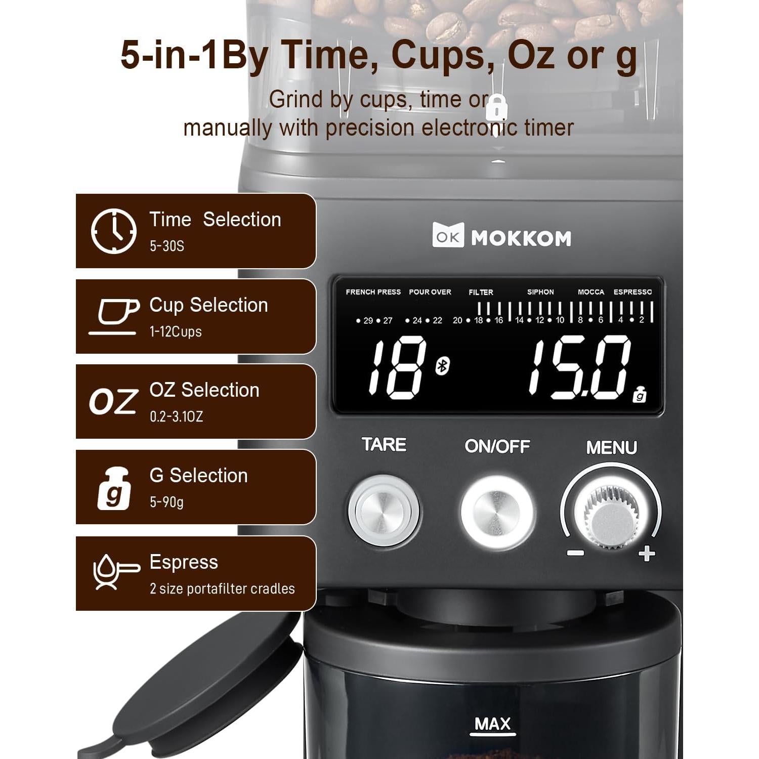 Molinillo de Café MOKKOM con Escala Bluetooth 150g Antiestático