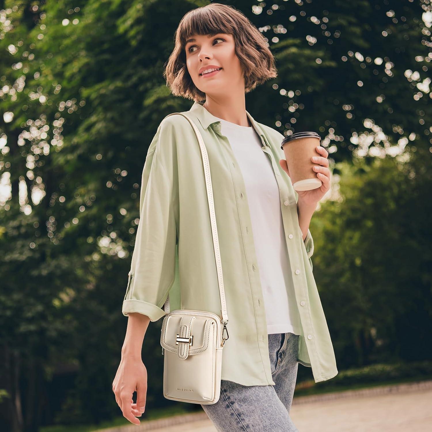 Bolso Cruzado Pequeño Missnine de Cuero Vegano Beige para Móvil