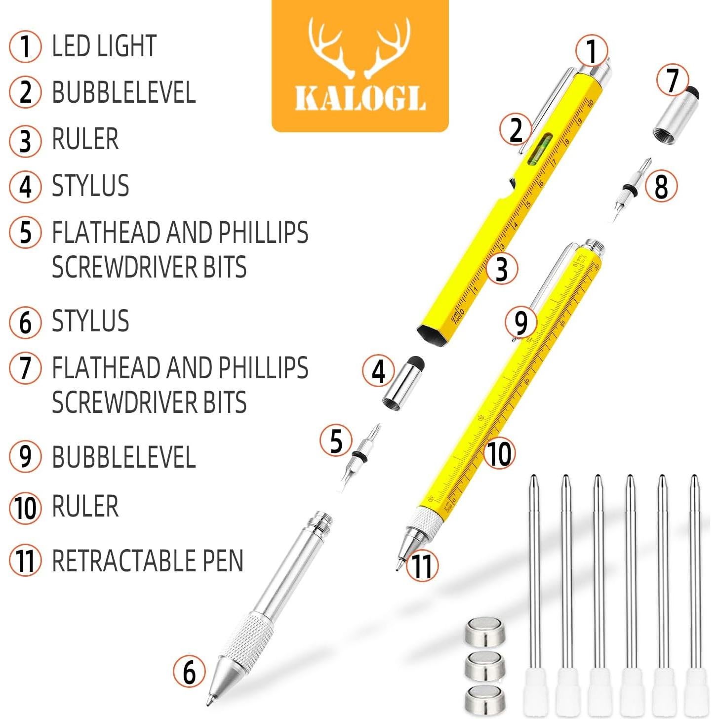Bolígrafo Multiherramienta KALOGL 2 Pack Amarillo 9 Funciones