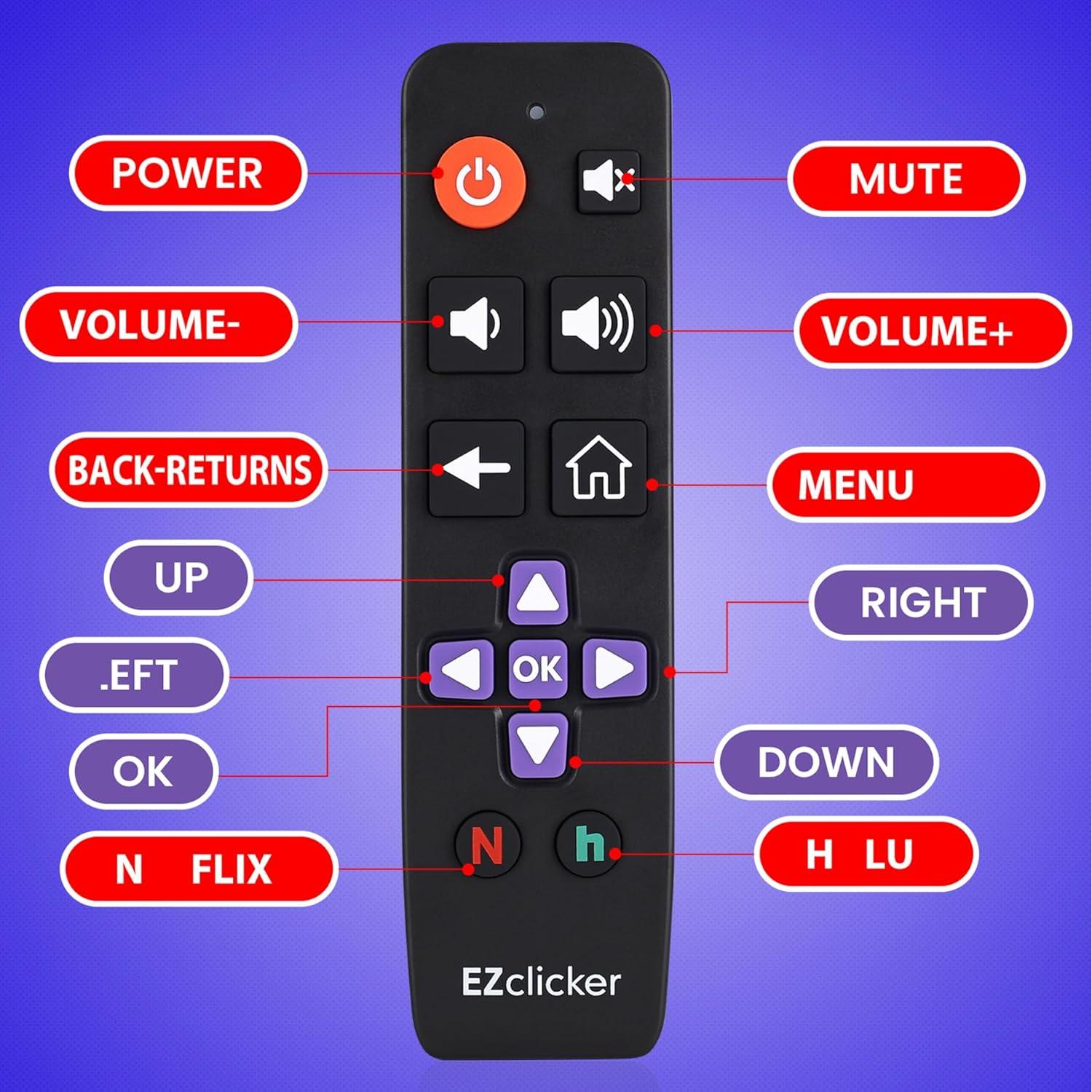 Control Remoto Grande Roku TV Benoo - Fácil de Usar, Negro