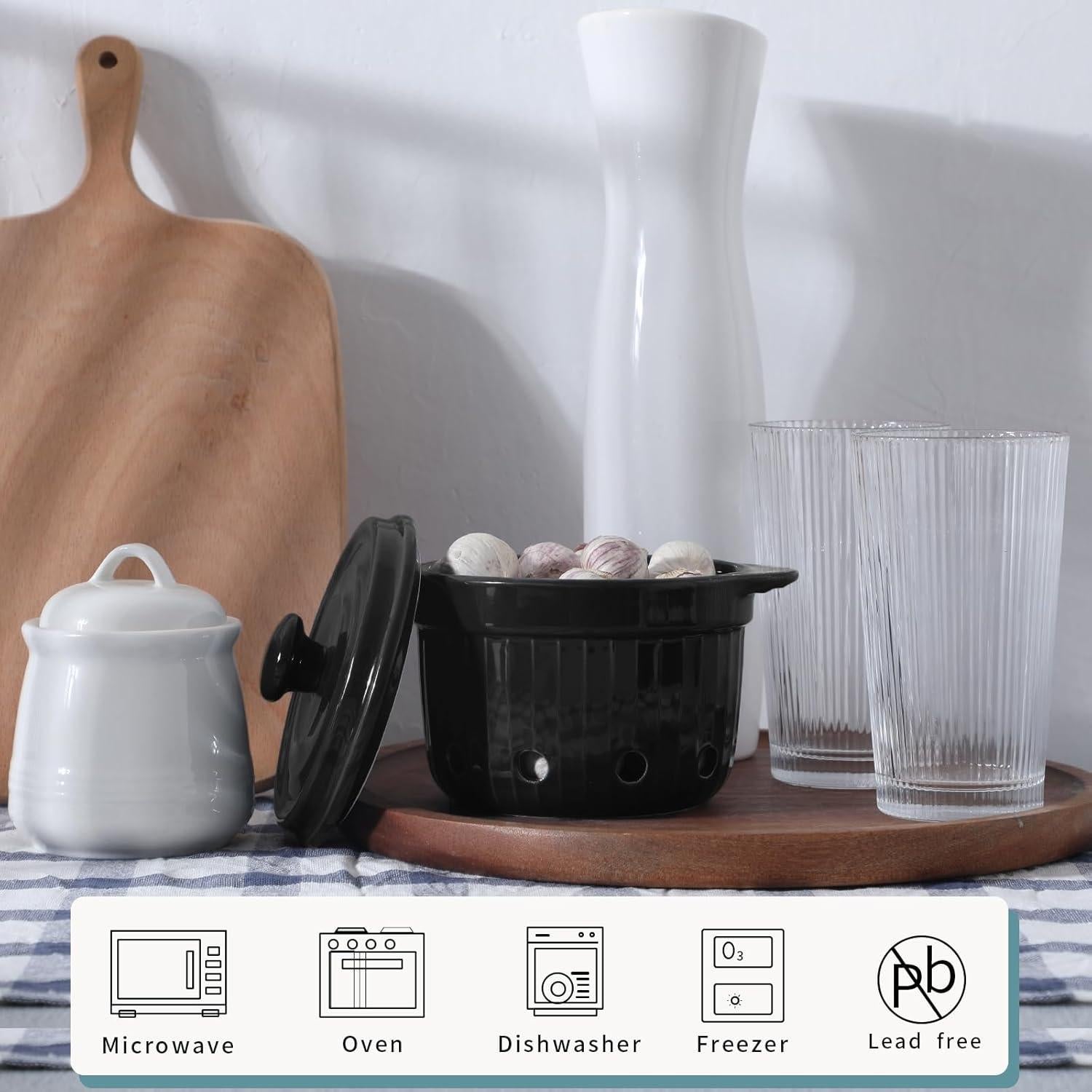 Contenedor de Ajo HAOTOP de Cerámica con Tapa - 500 ml Negro