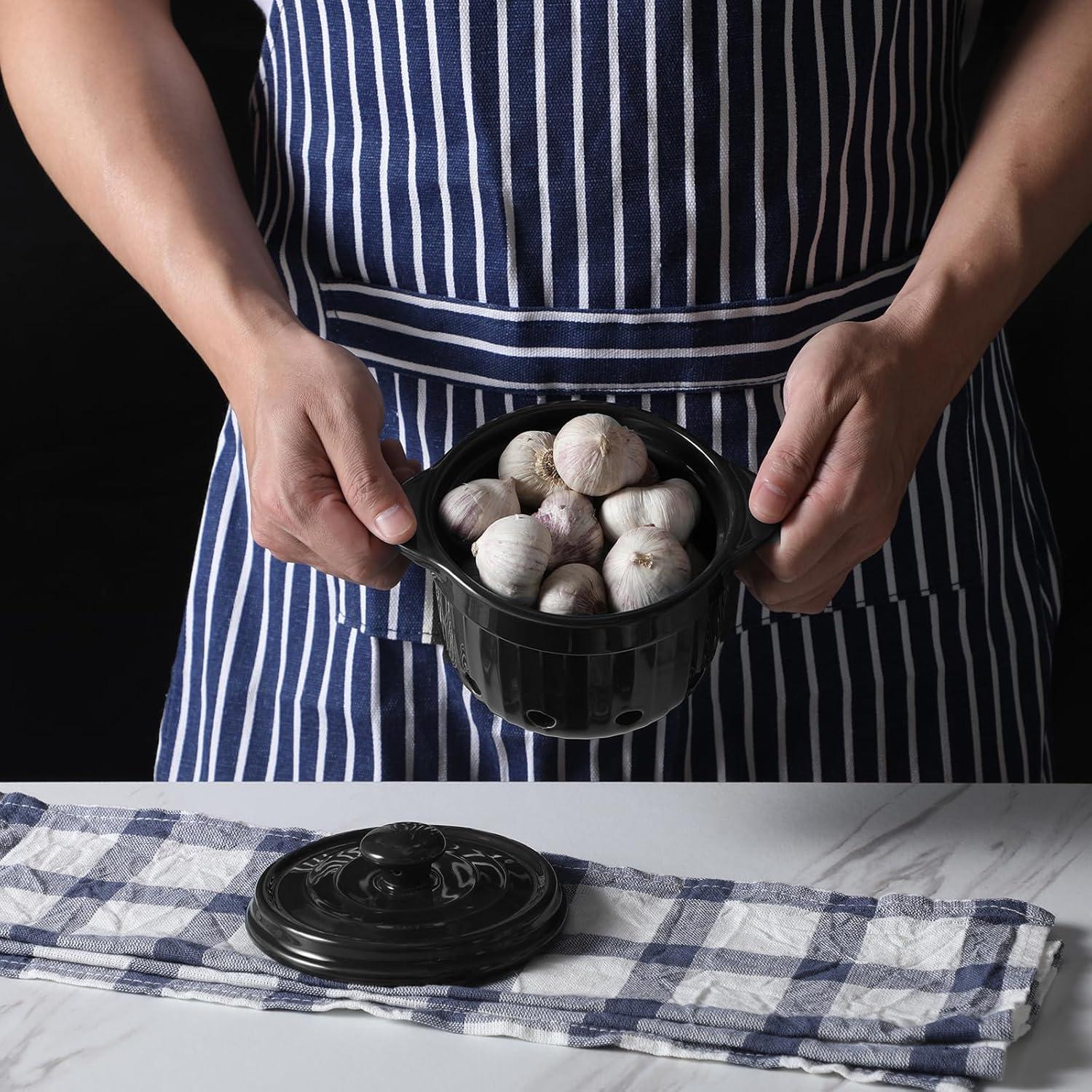 Contenedor de Ajo HAOTOP de Cerámica con Tapa - 500 ml Negro