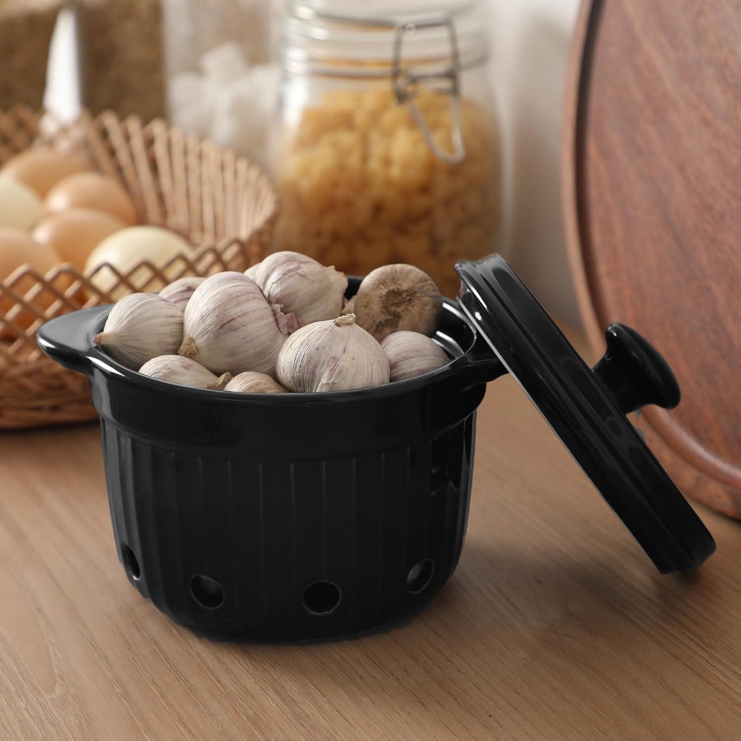 Contenedor de Ajo HAOTOP de Cerámica con Tapa - 500 ml Negro