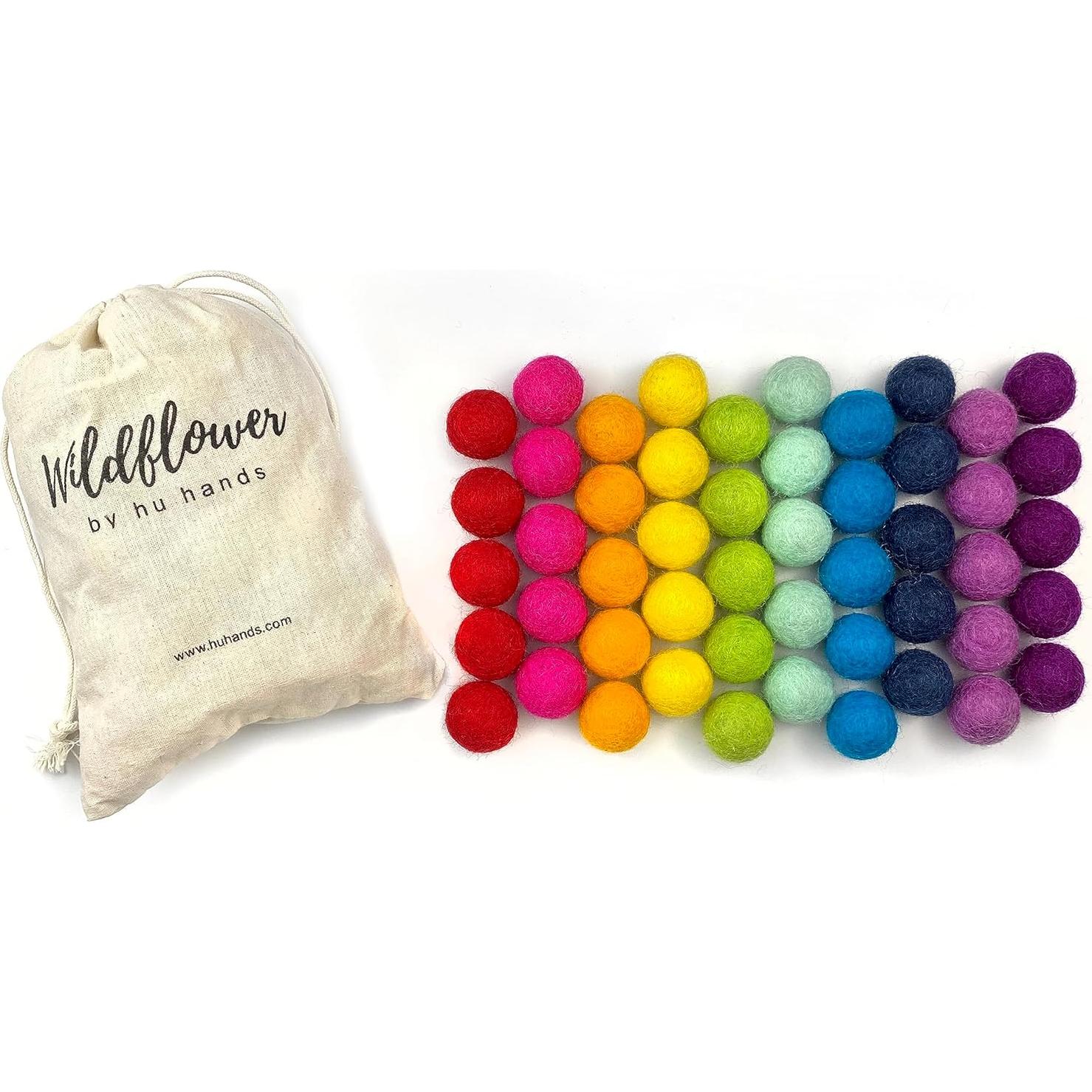 Pompones de Fieltro de Lana 100% Hechos a Mano - Arcoíris - 50 Bolas 2-2.5 cm