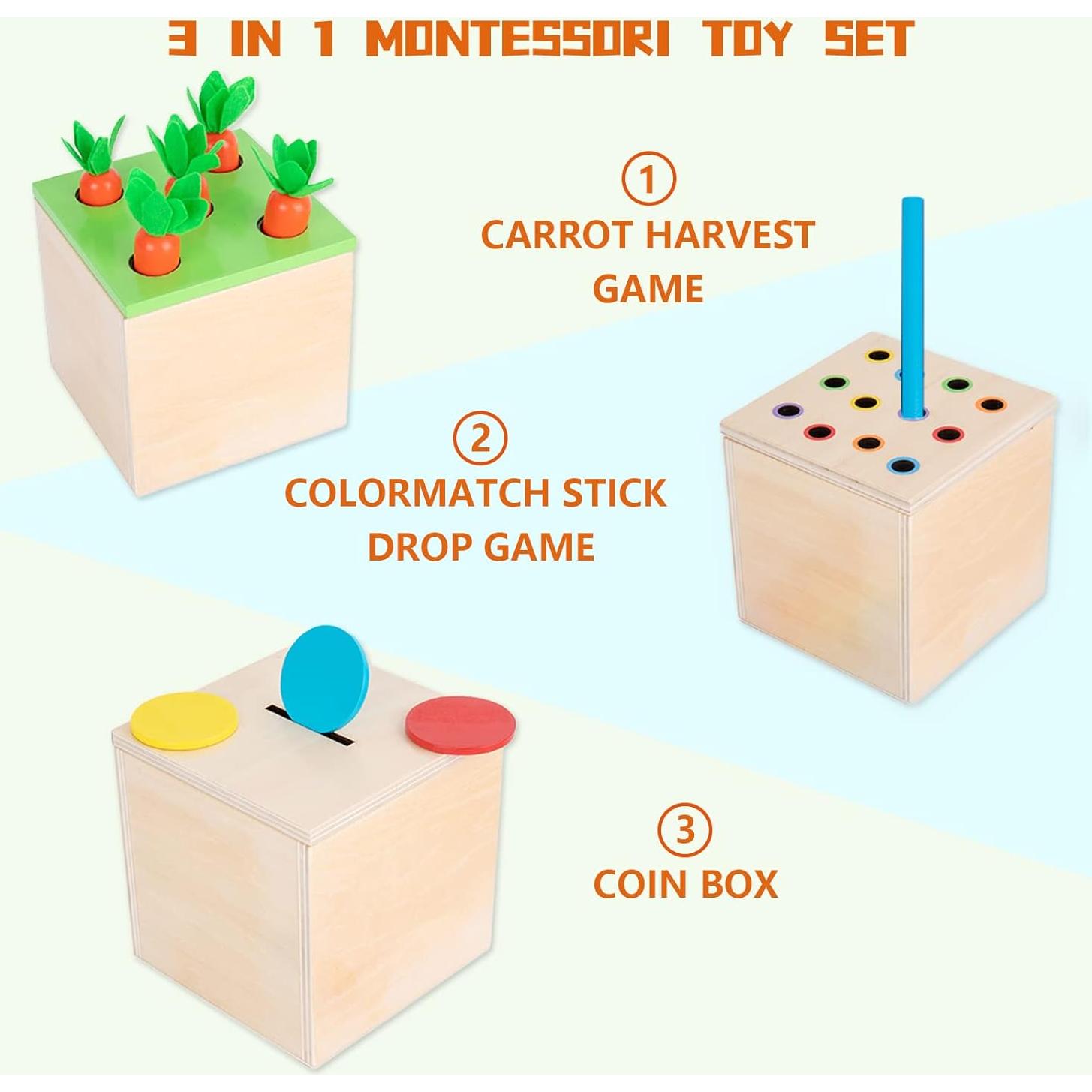 Juguetes Montessori de Madera 3-en-1 para Bebés 1-3 Años