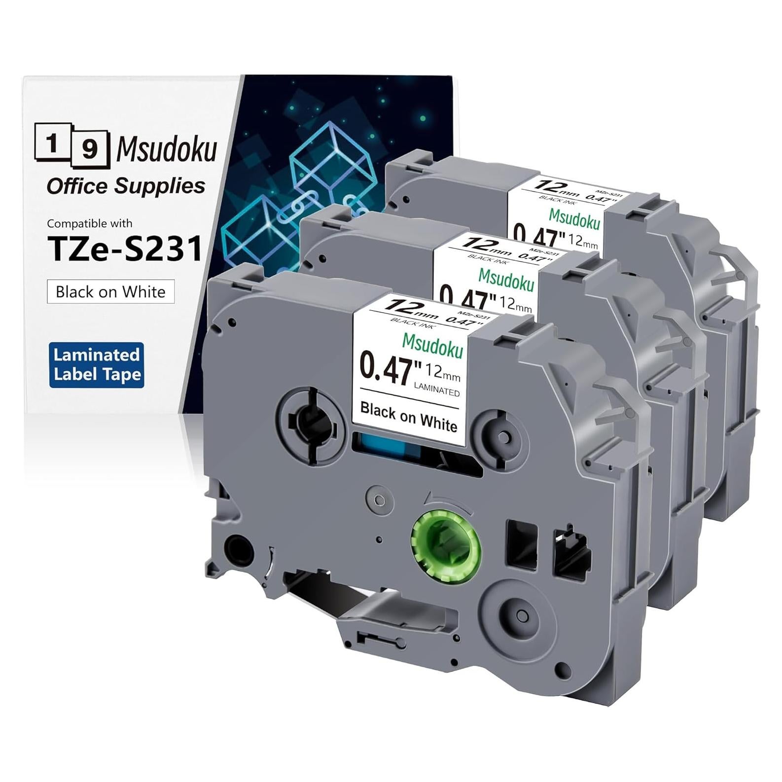 Cinta Adhesiva Laminada Msudoku 12mm Negra sobre Blanca - Paquete de 3