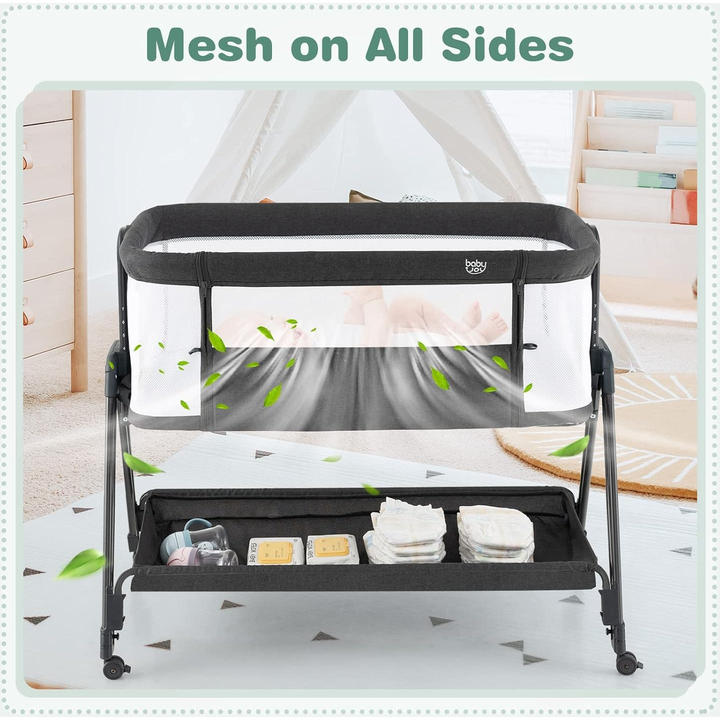 Cuna Lateral Plegable BABY JOY con Malla y 7 Alturas Ajustables