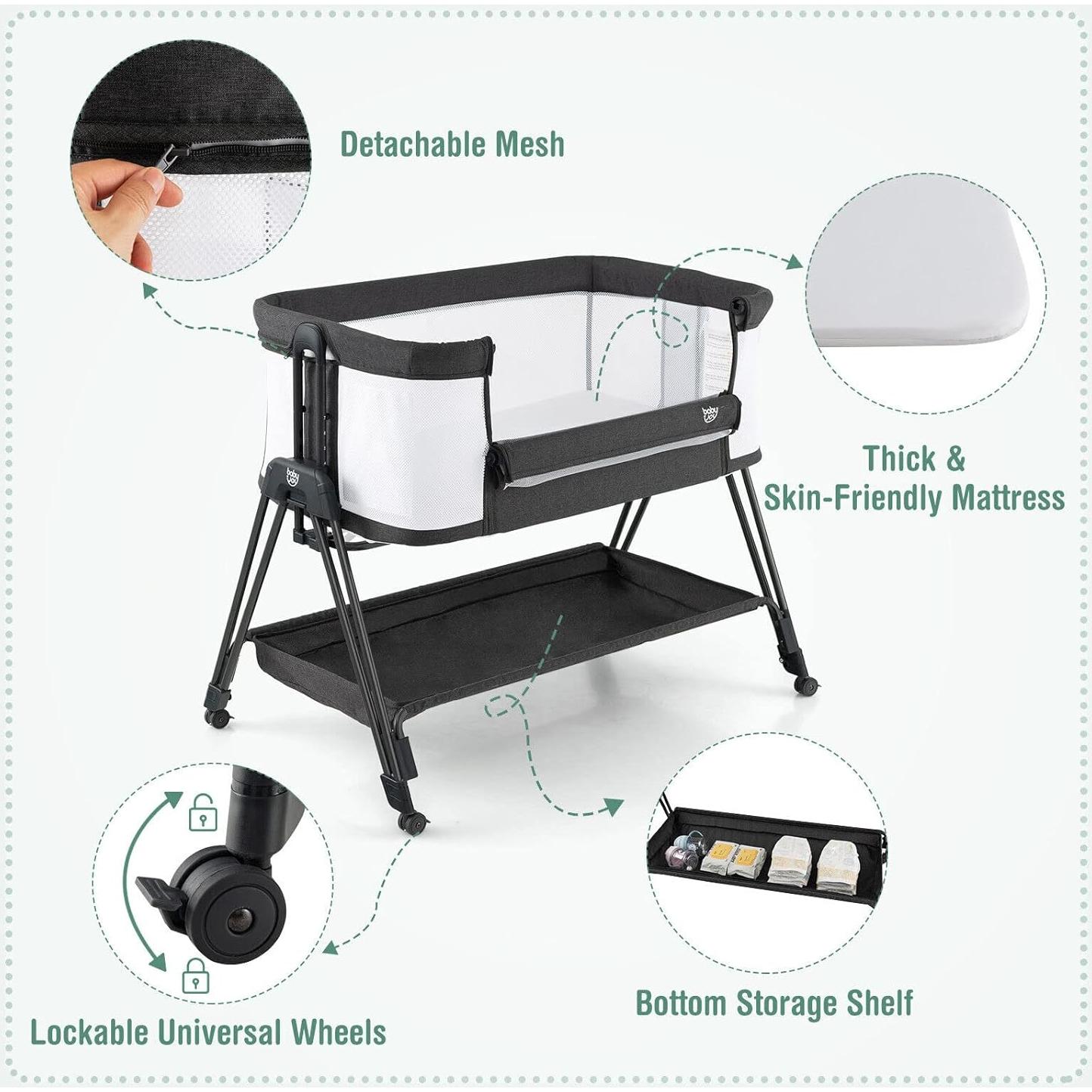 Cuna Lateral Plegable BABY JOY con Malla y 7 Alturas Ajustables