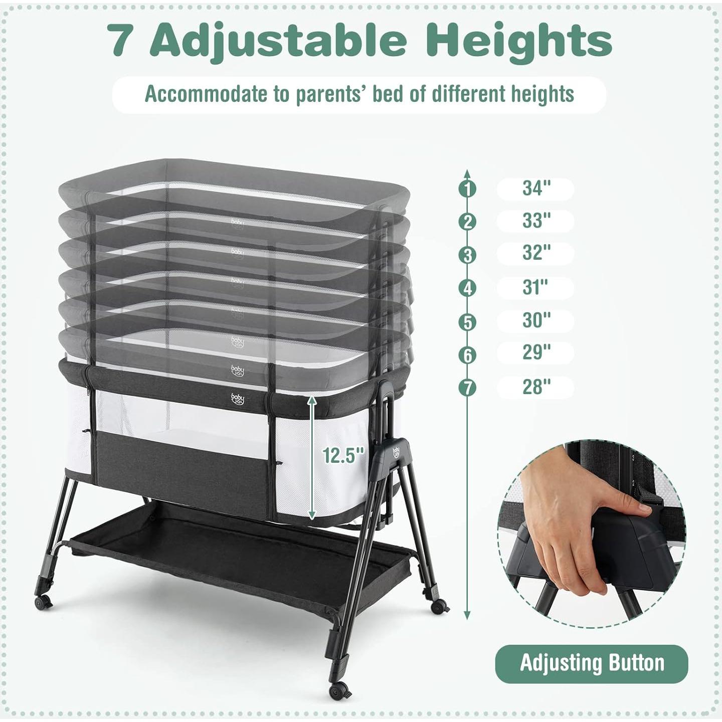 Cuna Lateral Plegable BABY JOY con Malla y 7 Alturas Ajustables