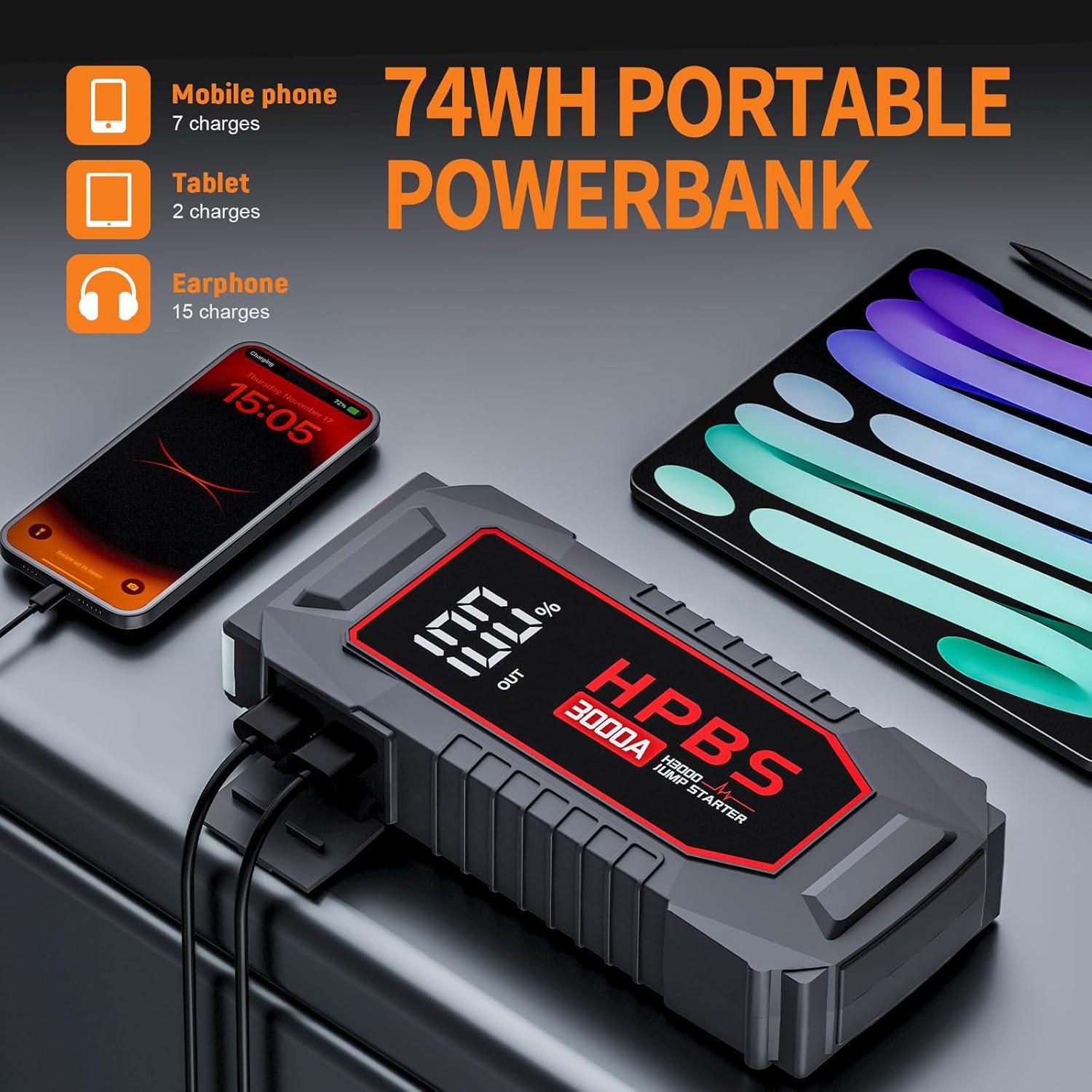 Arrancador de Batería HPBS H3000 3000A 12V Pantalla LCD