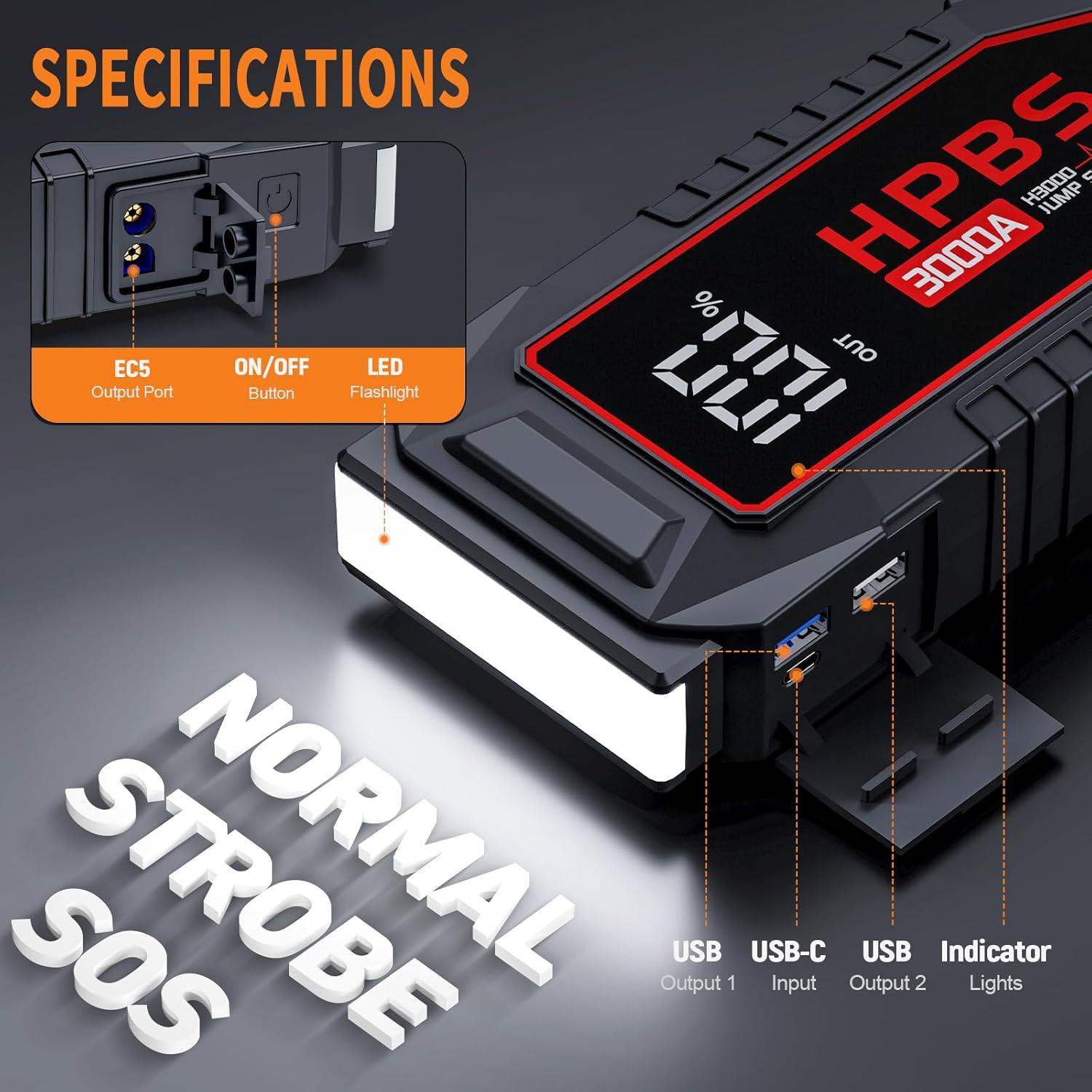 Arrancador de Batería HPBS H3000 3000A 12V Pantalla LCD