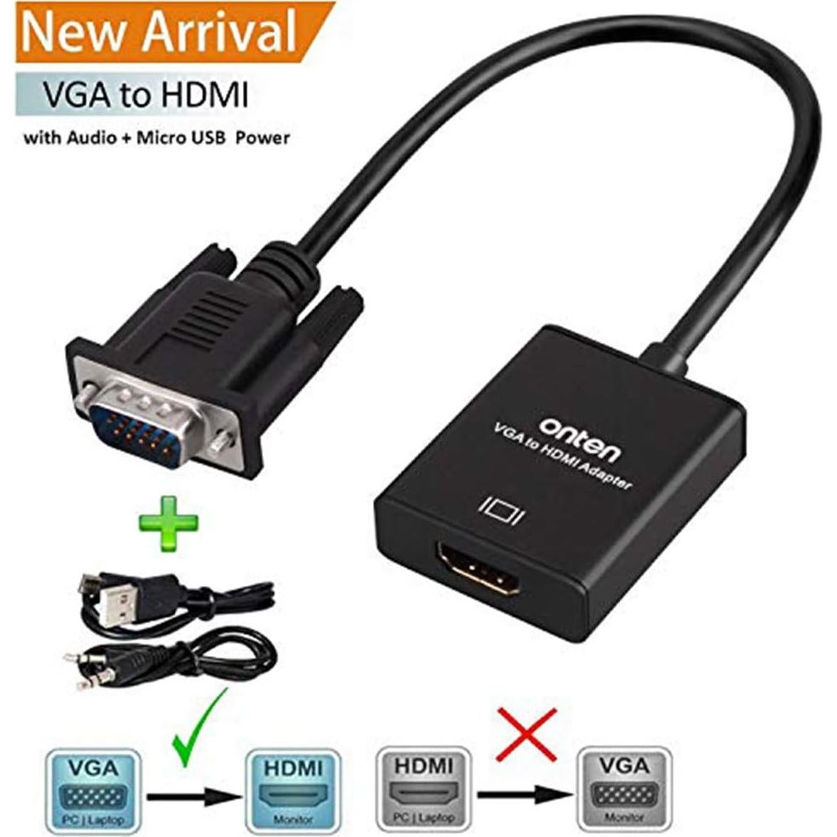 Adaptador VGA a HDMI Onten 1080P Macho a Hembra con Audio