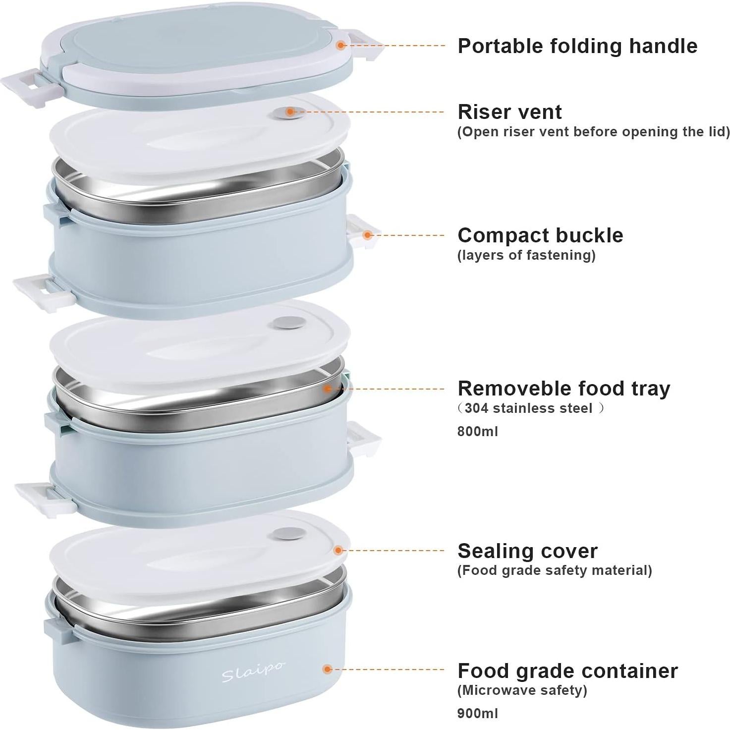 Caja Bento Almuerzo Slaipo 3 Niveles Acero Inoxidable Azul