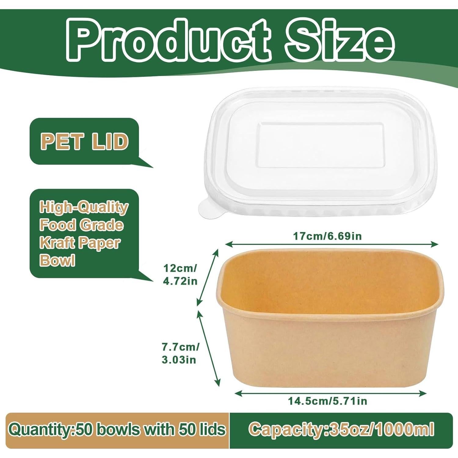 Paquete de 50 Contenedores de Comida Rectangulares Hokimder 35oz