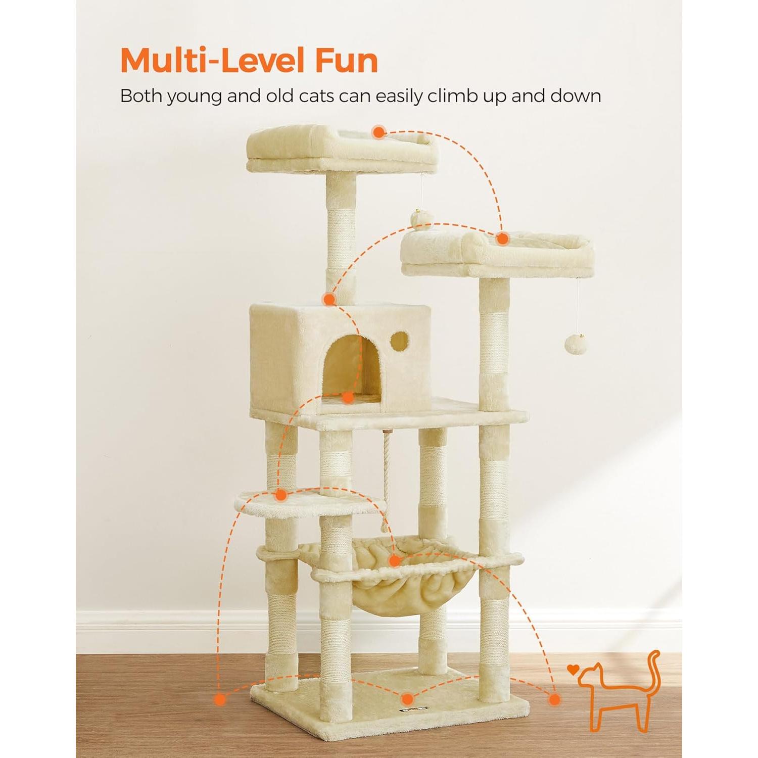 Árbol para Gatos Feandrea 143 cm Beige con 11 Postes y Hamaca