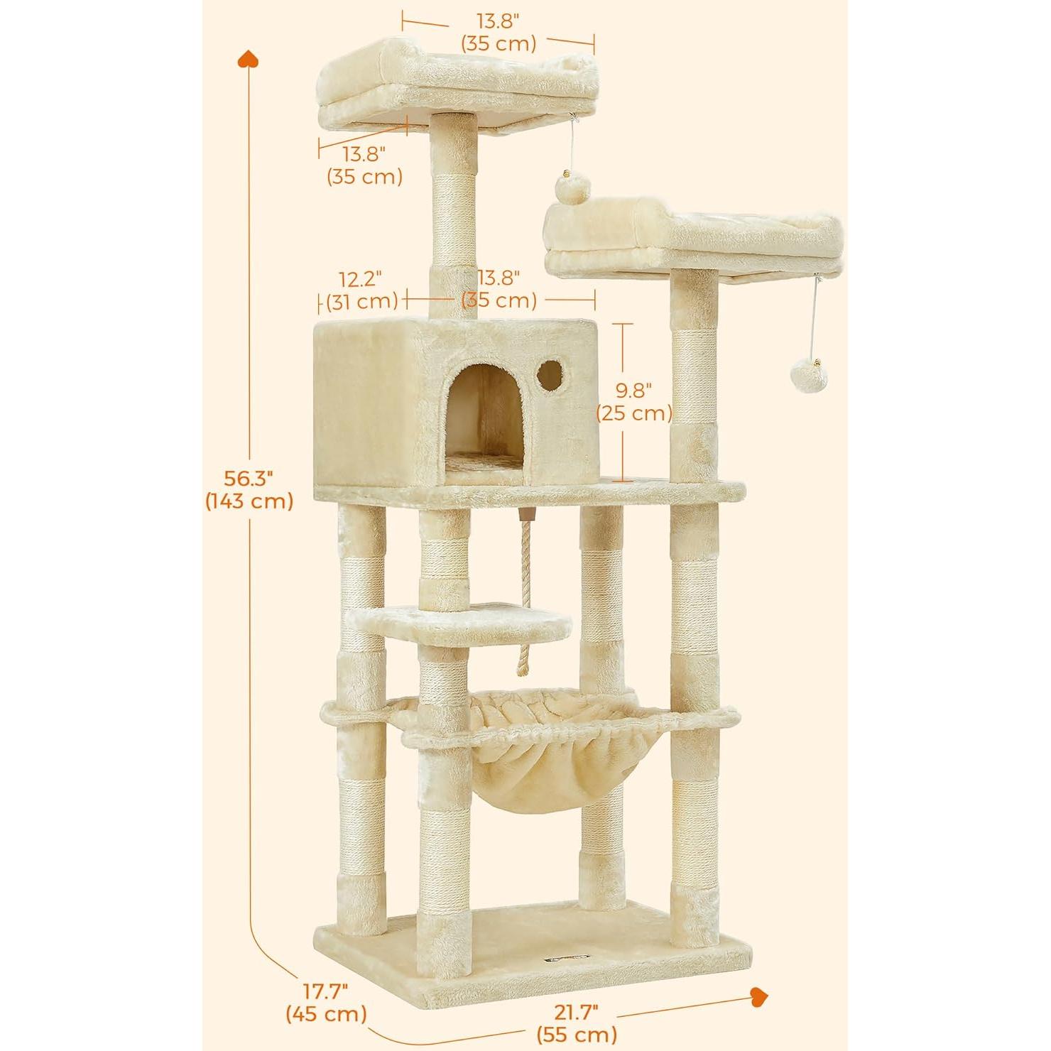 Árbol para Gatos Feandrea 143 cm Beige con 11 Postes y Hamaca
