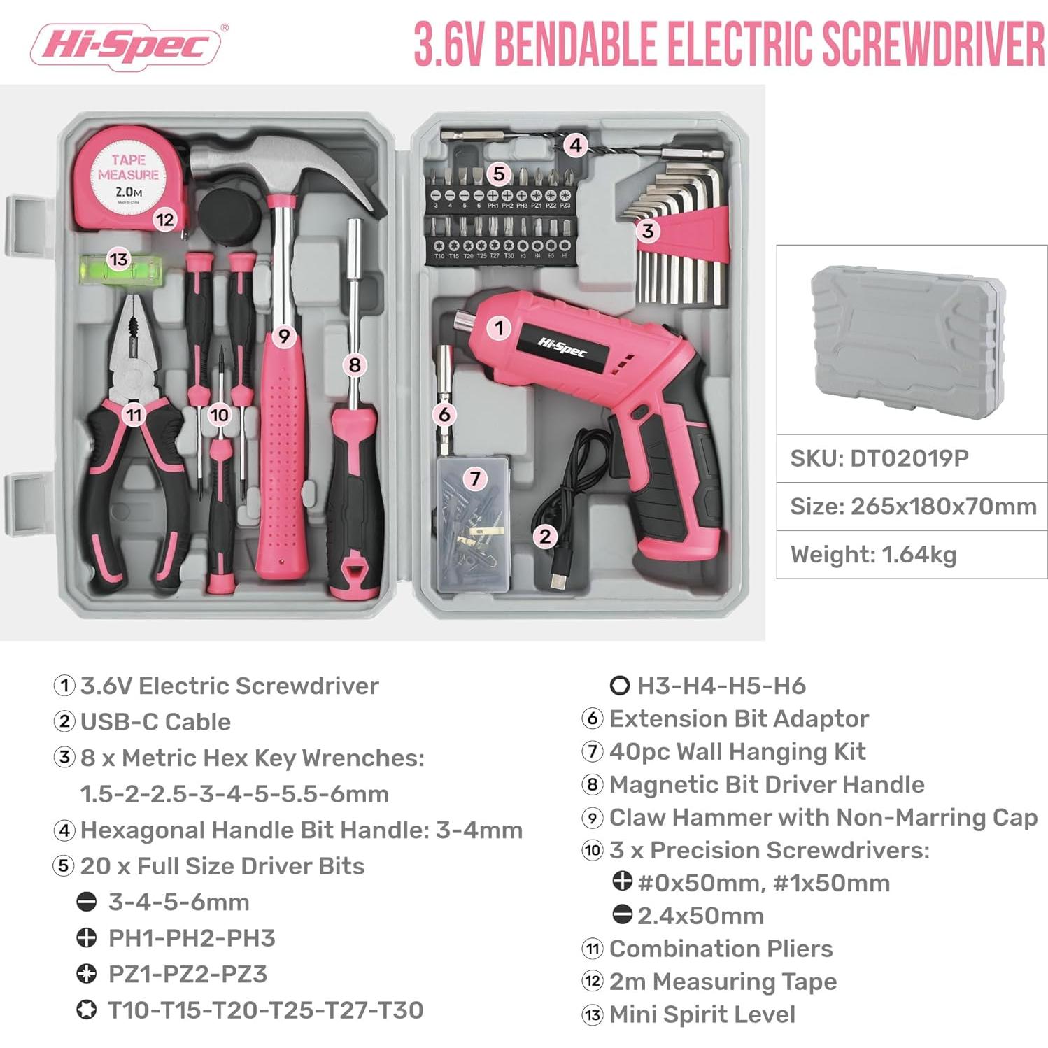 Kit de Herramientas Eléctricas Hi-Spec 42 Piezas Rosa 4V USB