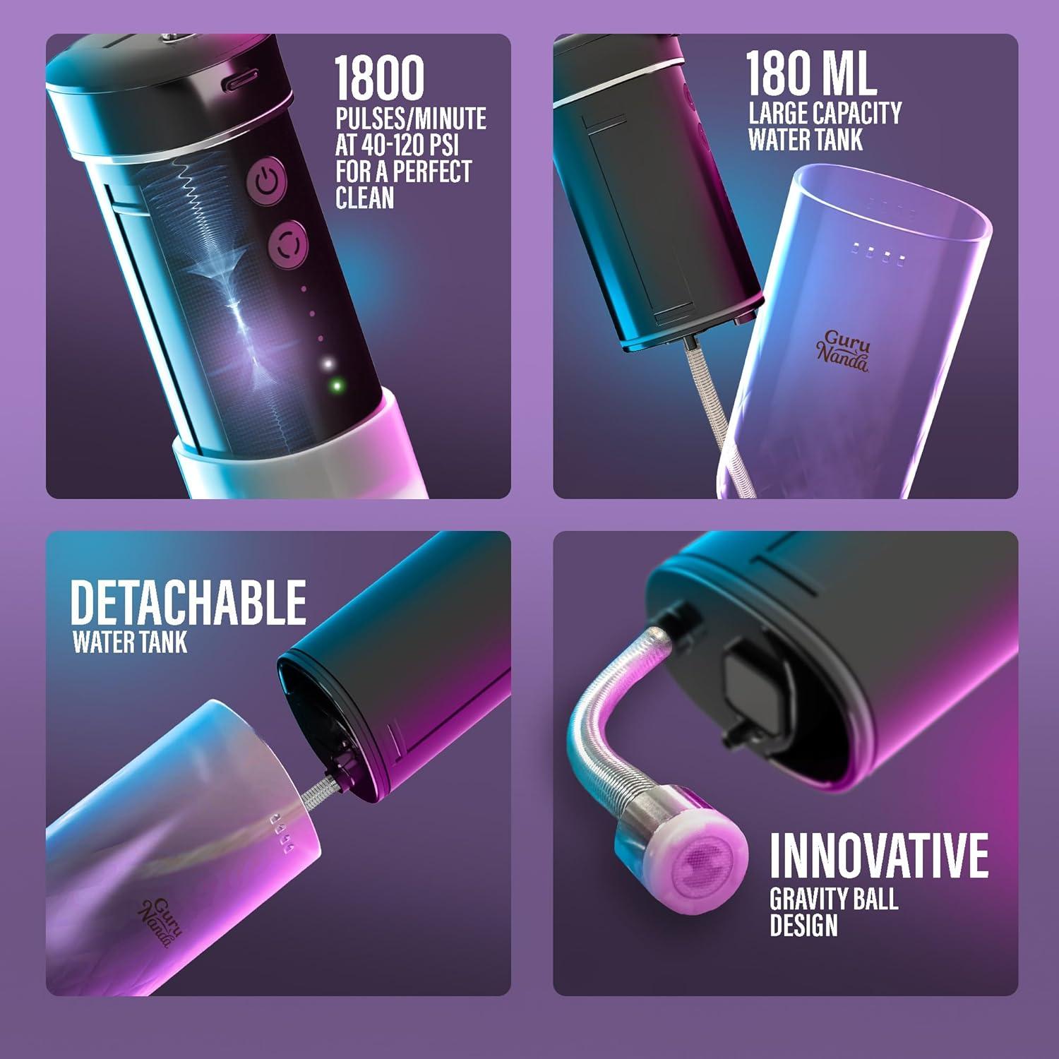 Irrigador Oral Portátil GuruNanda Negro, Hilo Dental Compacto 180 ml