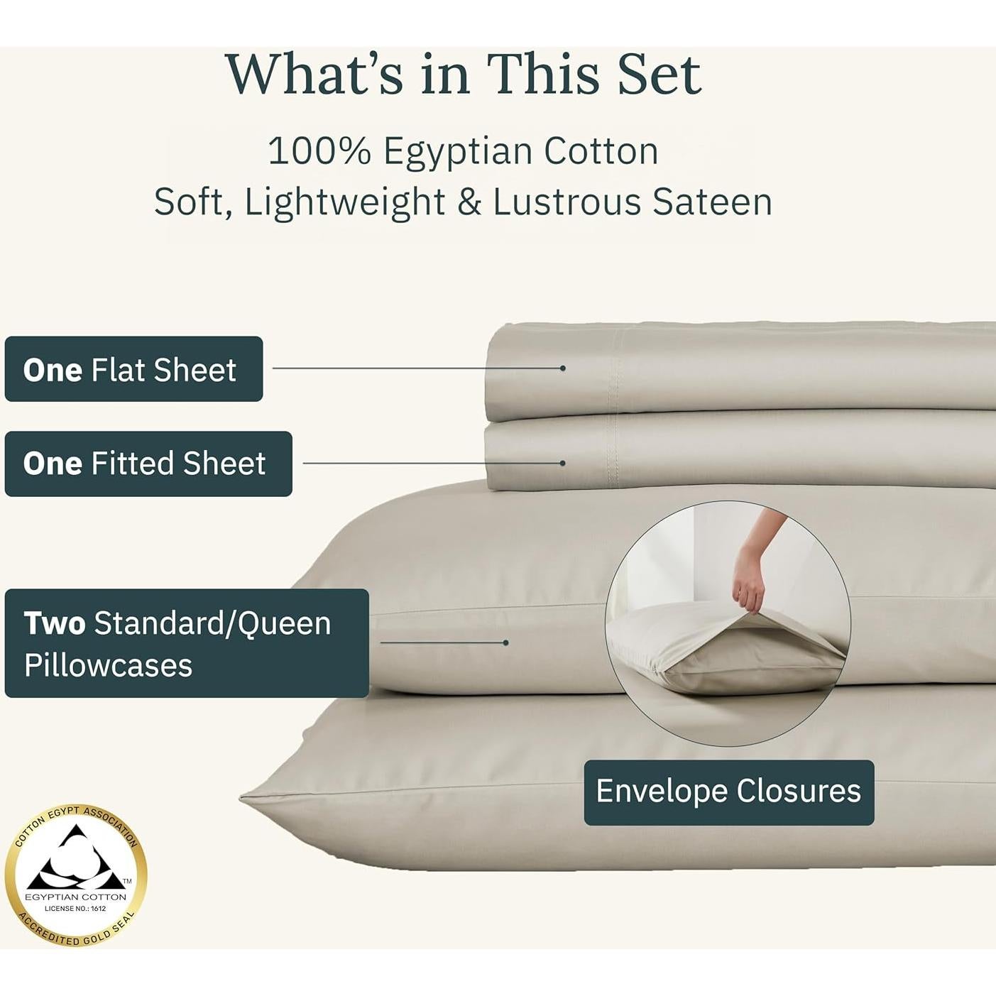 Conjunto de Sábanas de Lujo 100% Algodón Egipcio California Design Den - Completo Beige