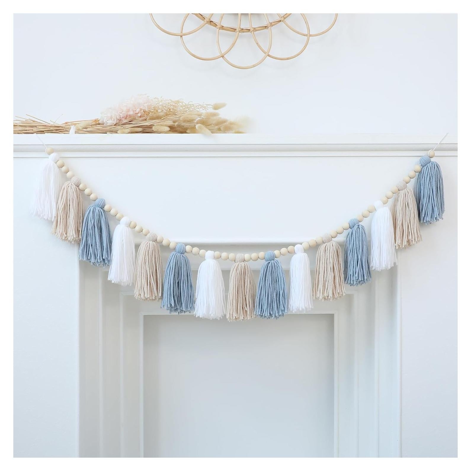 Guirnalda de Borlas Boho DCJHFJ Azul con Cuentas de Madera