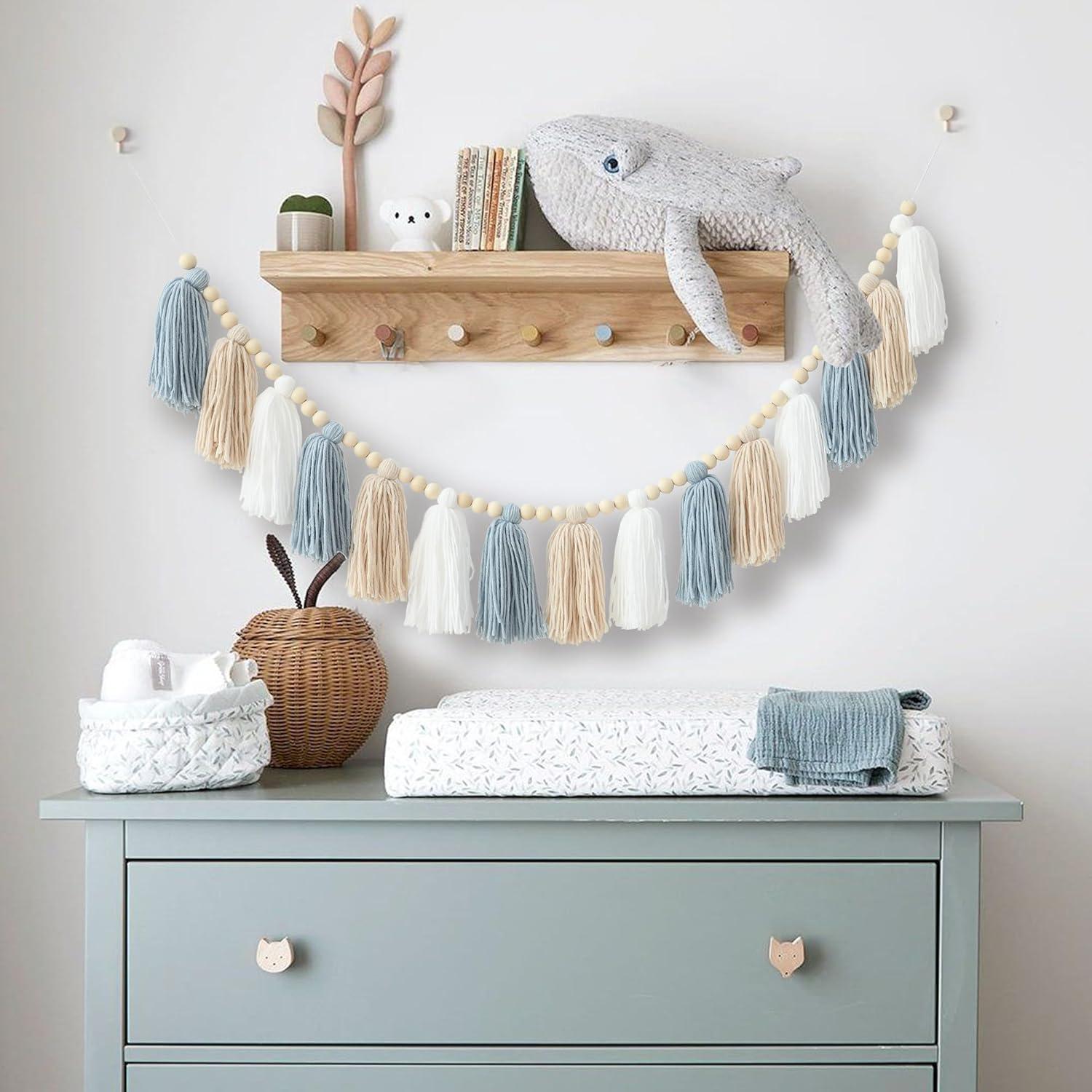 Guirnalda de Borlas Boho DCJHFJ Azul con Cuentas de Madera