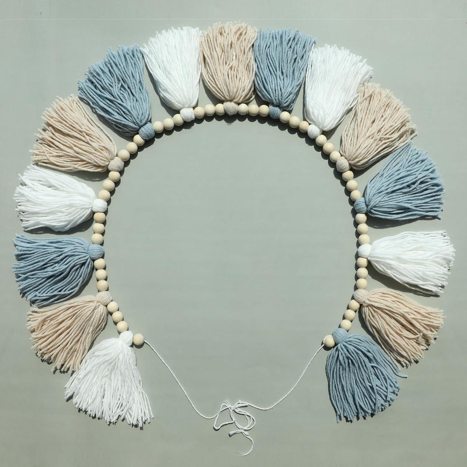 Guirnalda de Borlas Boho DCJHFJ Azul con Cuentas de Madera