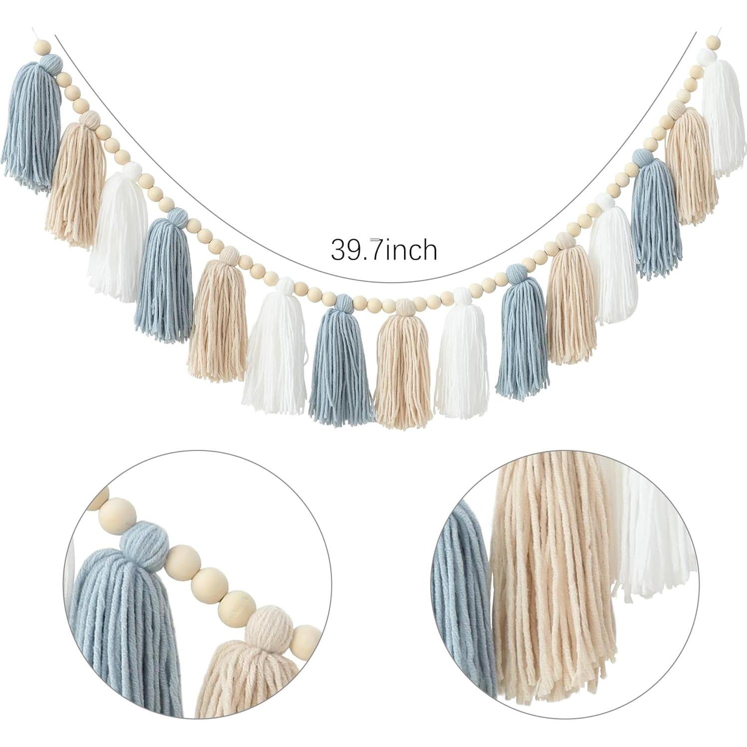 Guirnalda de Borlas Boho DCJHFJ Azul con Cuentas de Madera