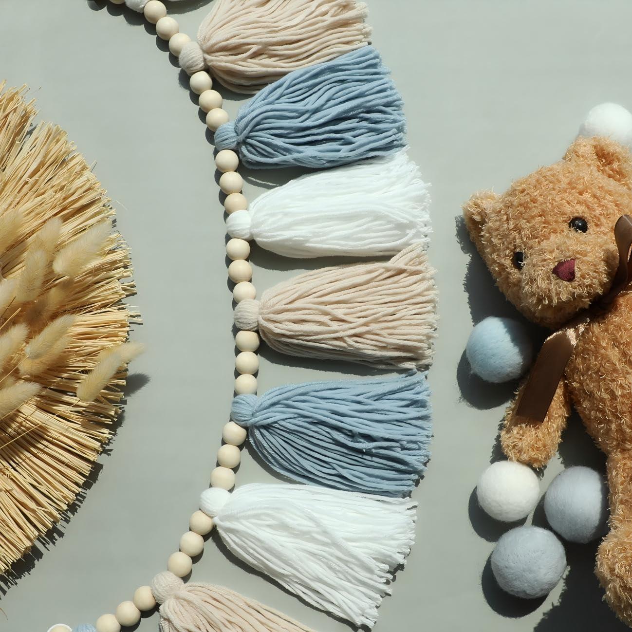 Guirnalda de Borlas Boho DCJHFJ Azul con Cuentas de Madera