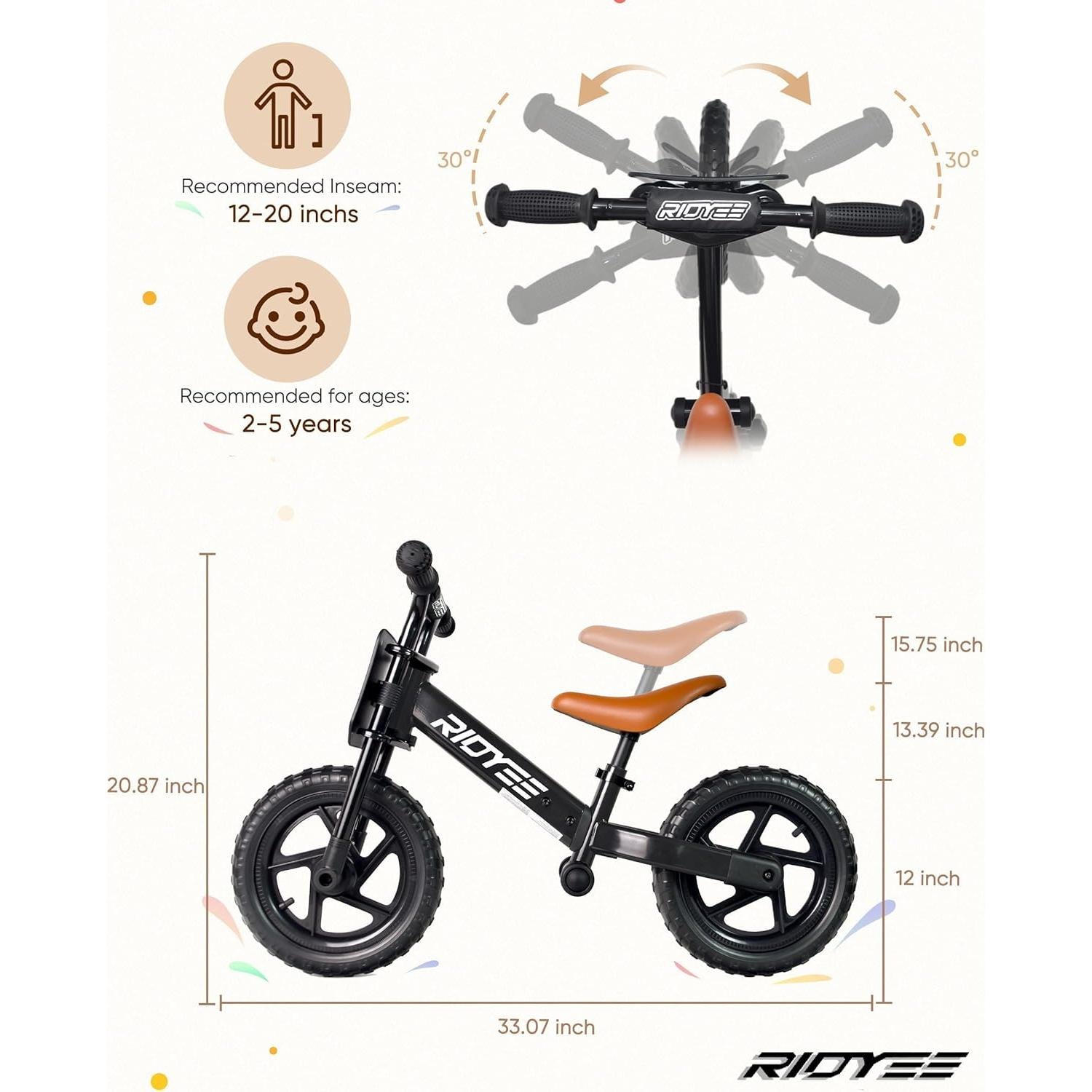 Bicicleta de Equilibrio RIDYEE para Niños 2-5 Años Ajustable