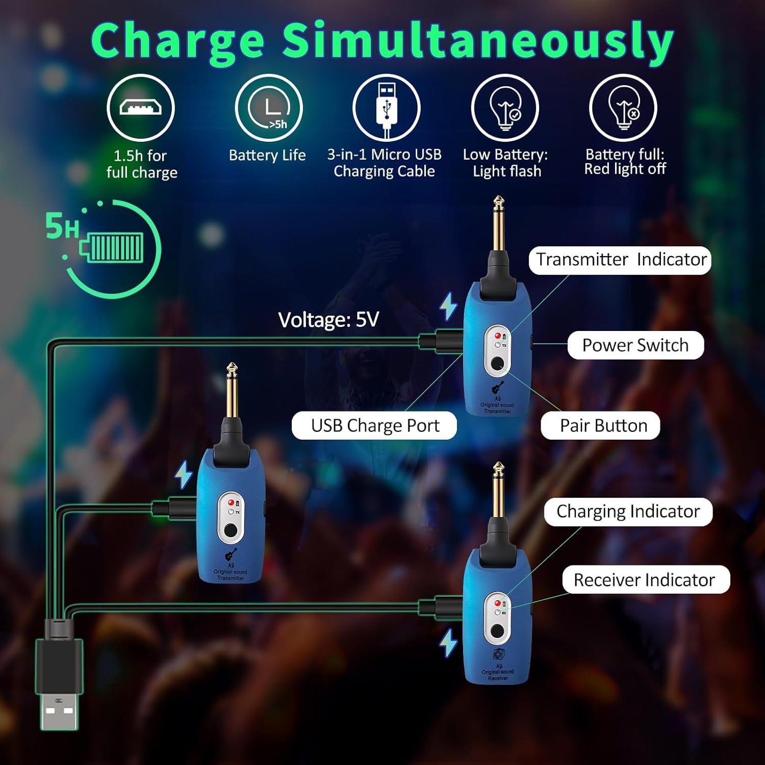 Sistema Inalámbrico de Guitarra A9 2.4GHz con Batería Recargable