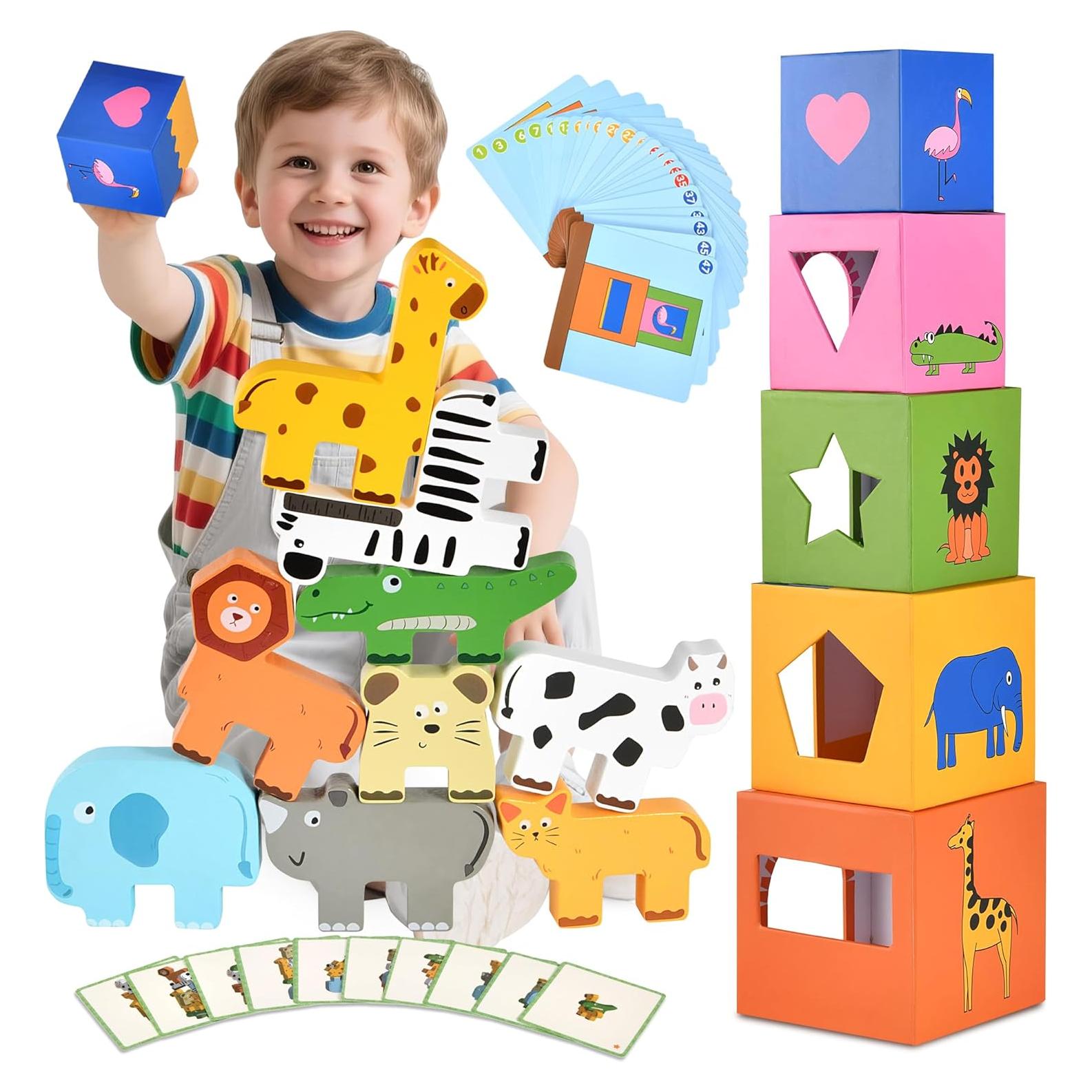 Juguetes Apilables Montessori DICROON - Bloques de Animales y Cajas Anidadas