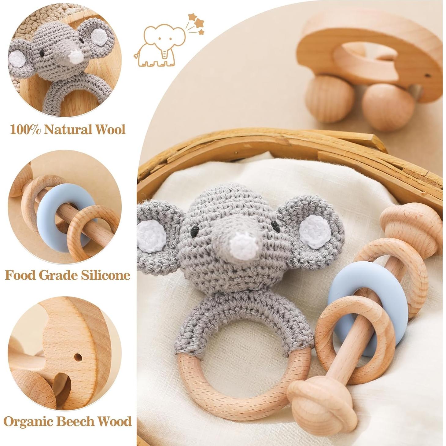 Sonajeros de Madera Orgánica 3 PCS - Let's Make Elefante