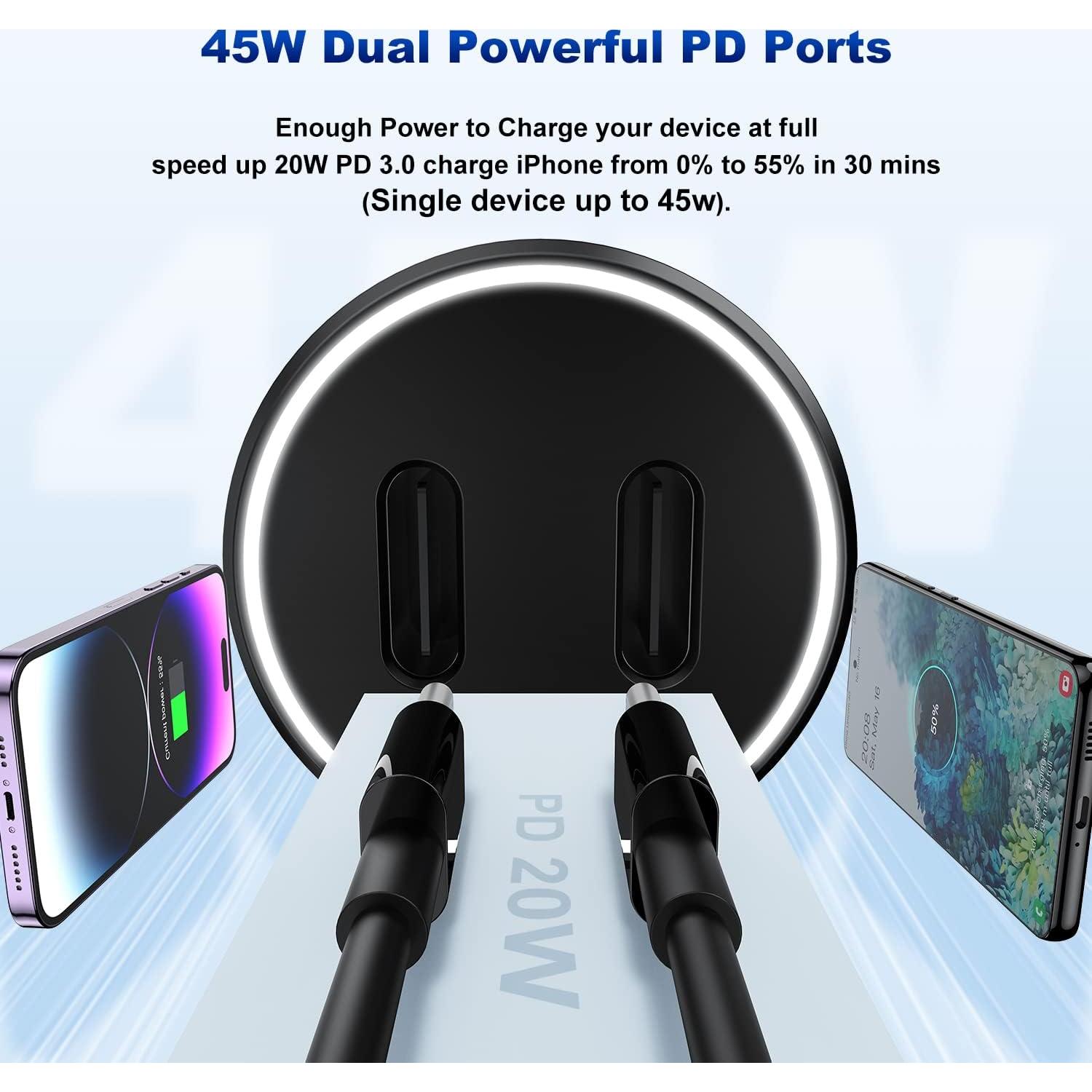 Cargador de Coche USB C Rápido 45W con 2 Cables Lightning 3FT