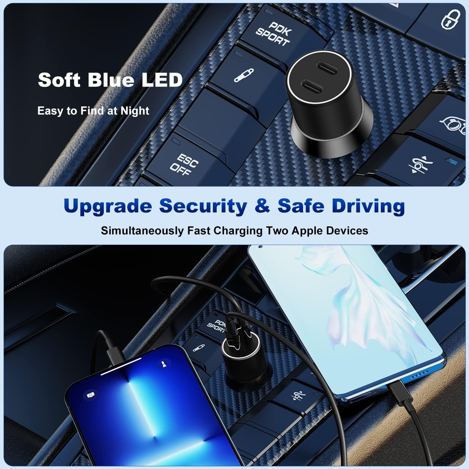 Cargador de Coche USB C Rápido 45W con 2 Cables Lightning 3FT