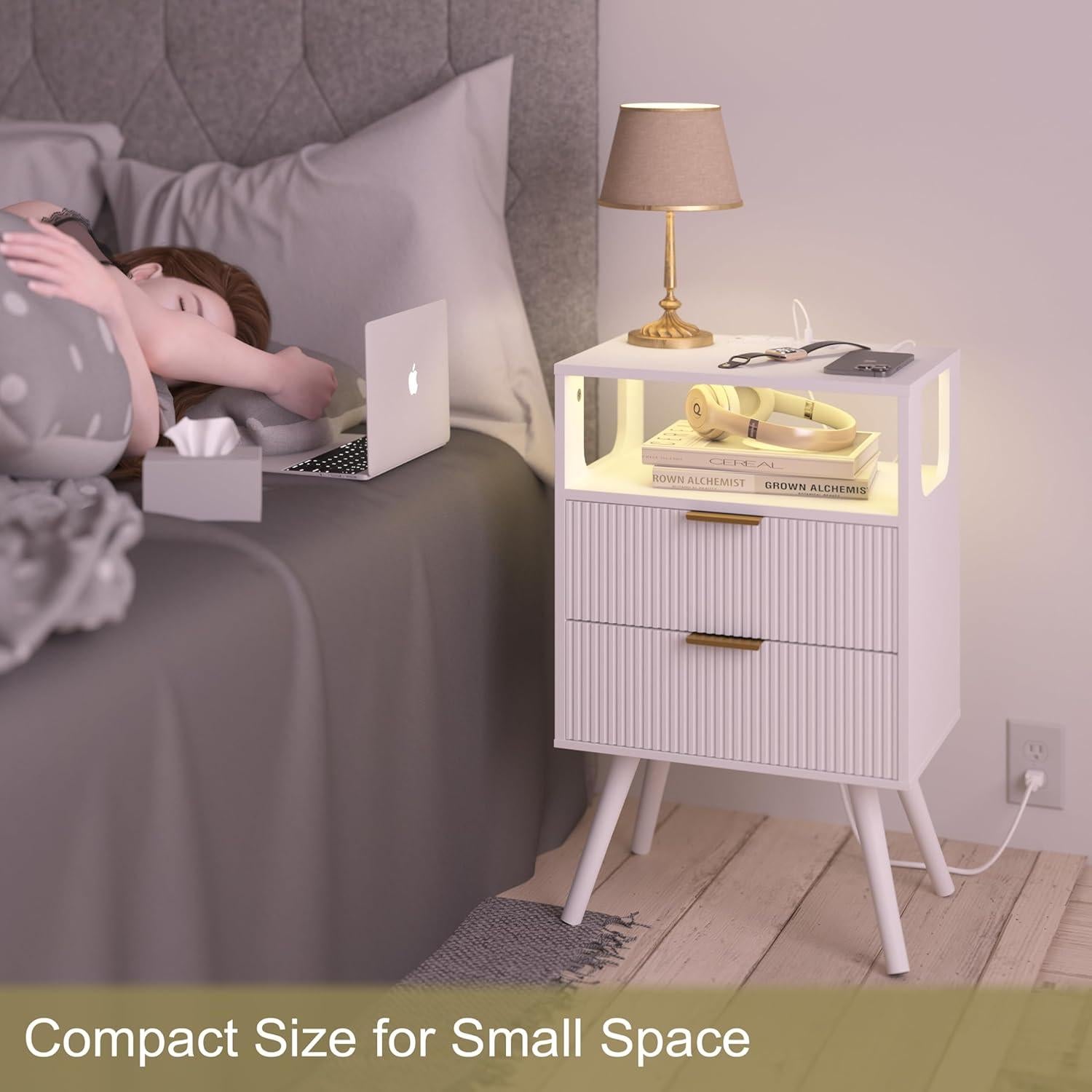 Mesita de Noche JOONEE V S Blanca con Carga y LED