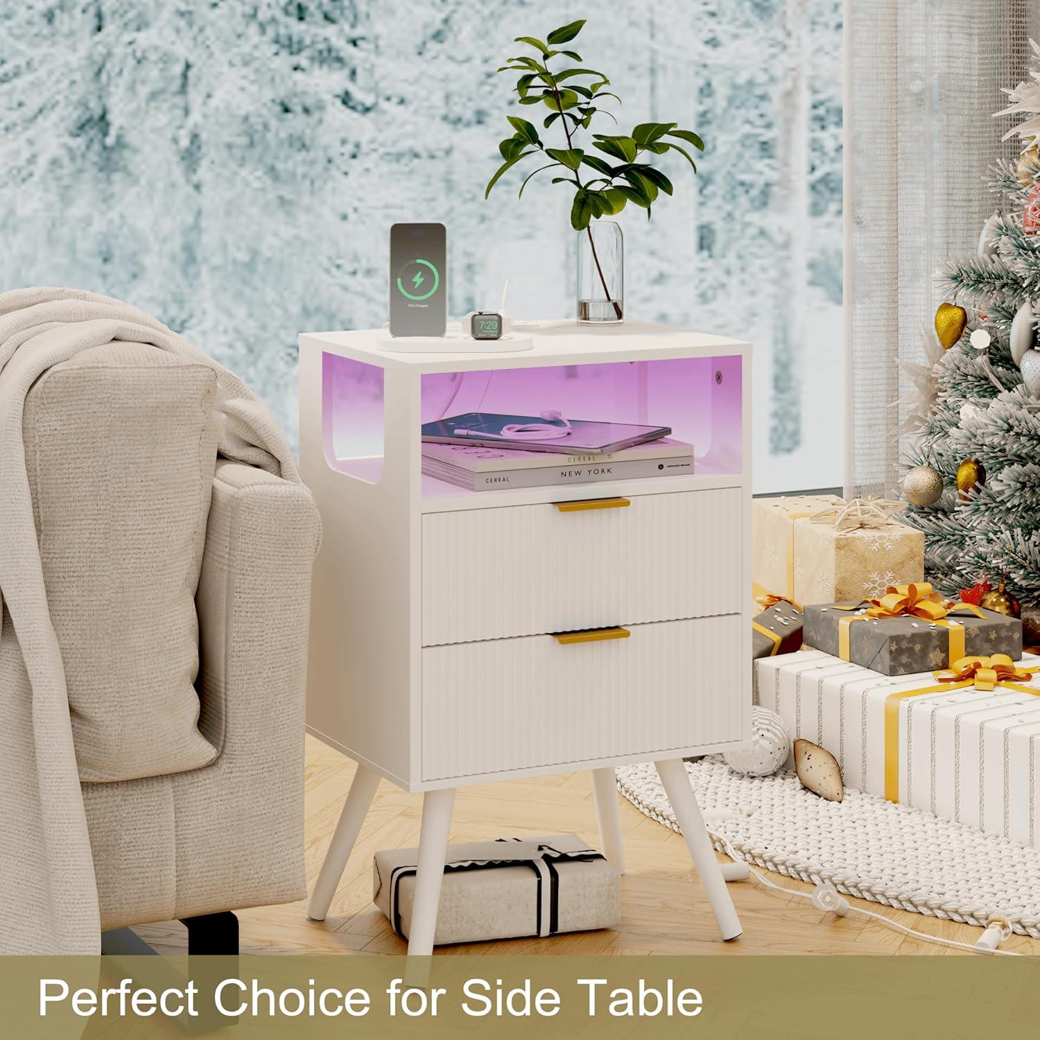Mesita de Noche JOONEE V S Blanca con Carga y LED