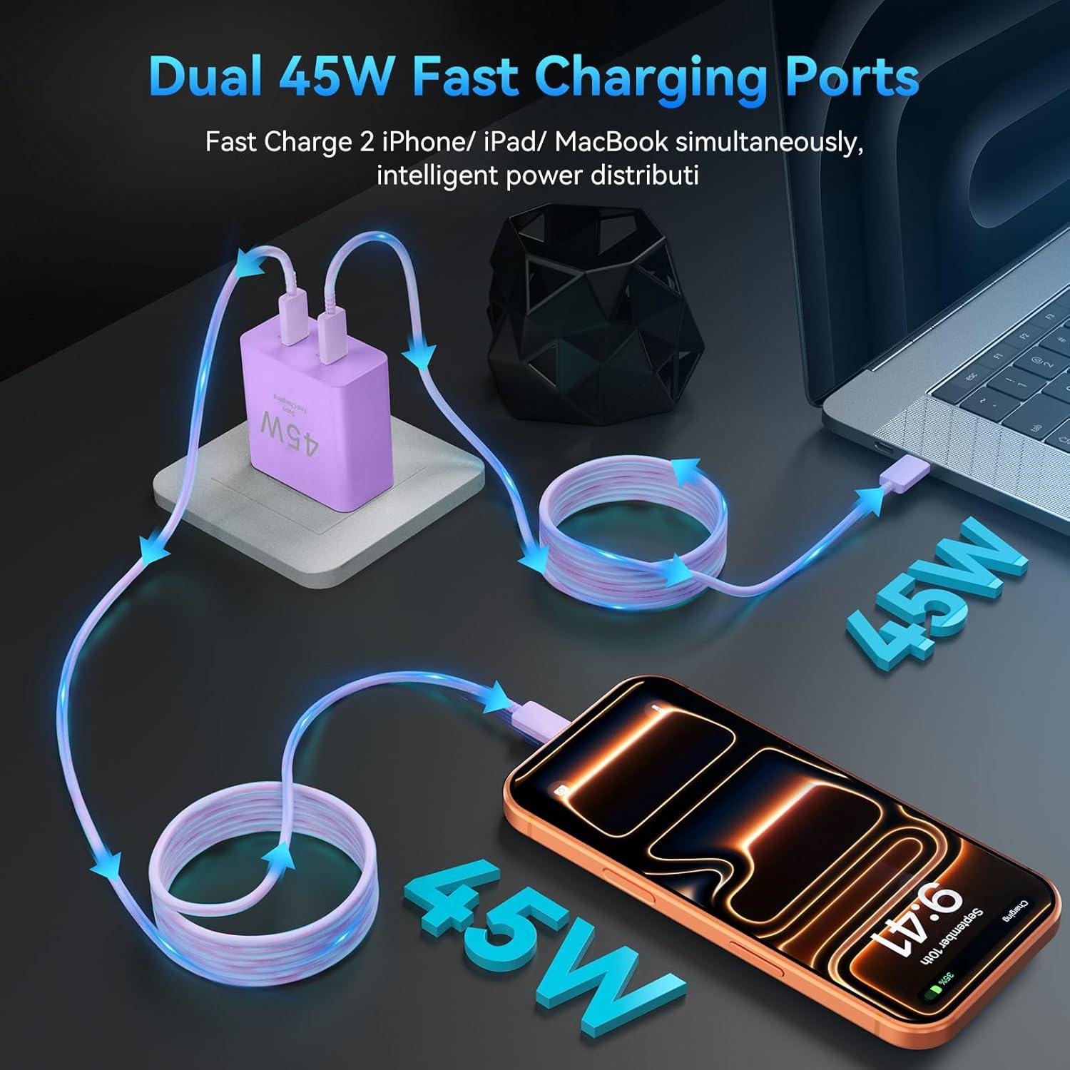 Cargador Rápido Dual USB C 45W para iPhone 17 Pro Max