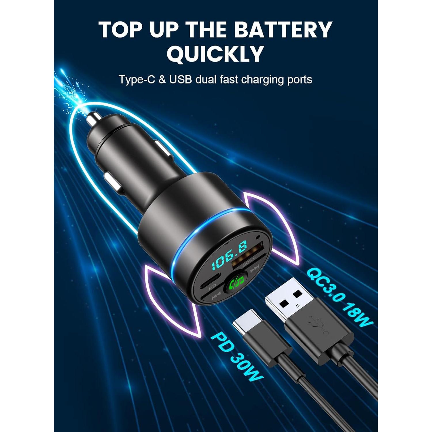 Transmisor FM Bluetooth 5.3 RIWUSI con Cargador Rápido 30W