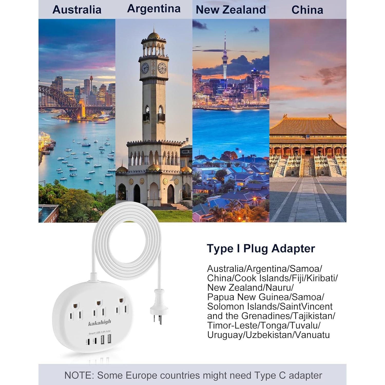 Adaptador de Enchufe KAKAHIGH Tipo I a Australia 7 en 1 USB
