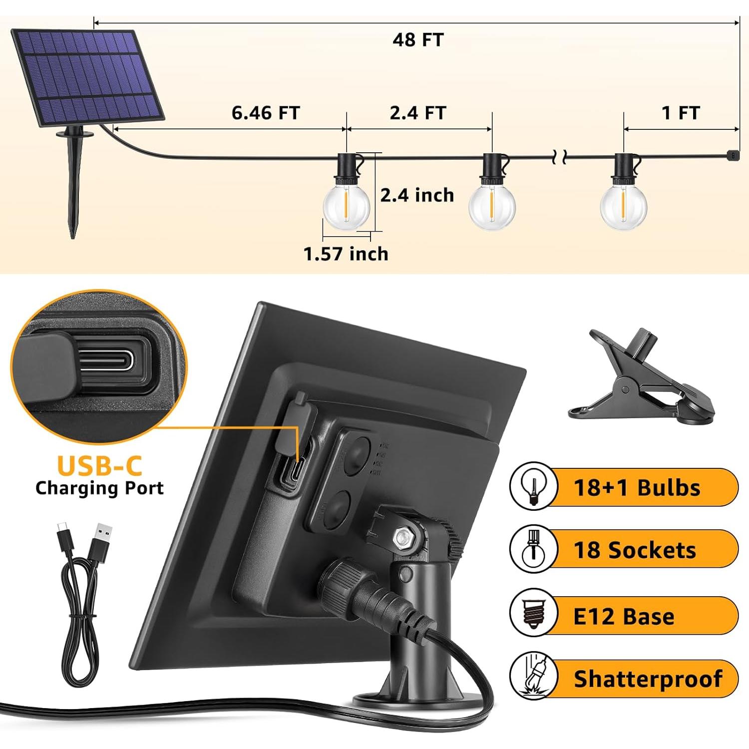 Luces de Cadena Solares Mlambert 48FT G40 con Control Remoto